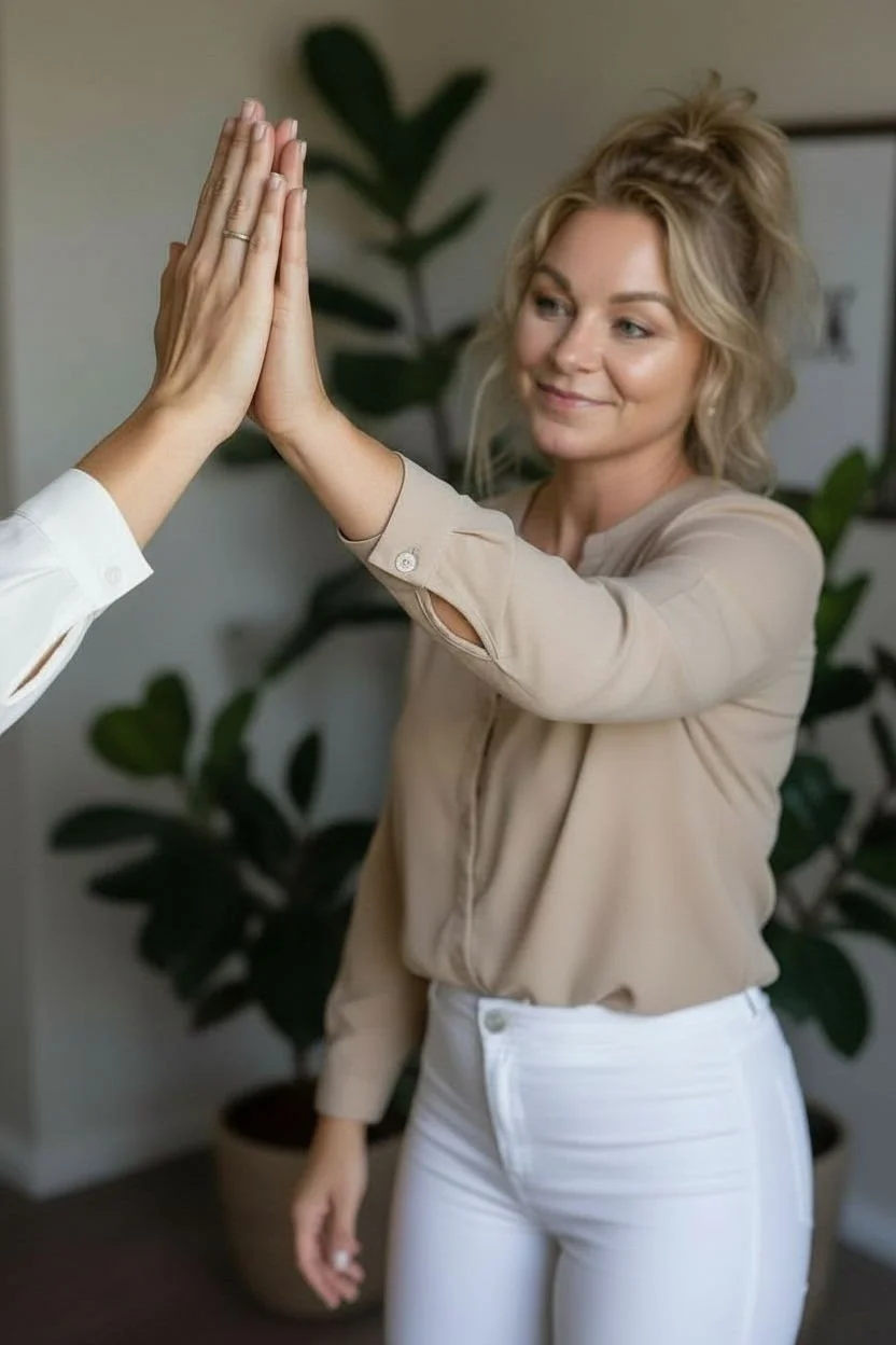 Two women giving each other a high five indoors. One woman has blonde hair styled in loose waves and is smiling, wearing a beige blouse and white pants. The other woman's hand is visible, wearing a white shirt.