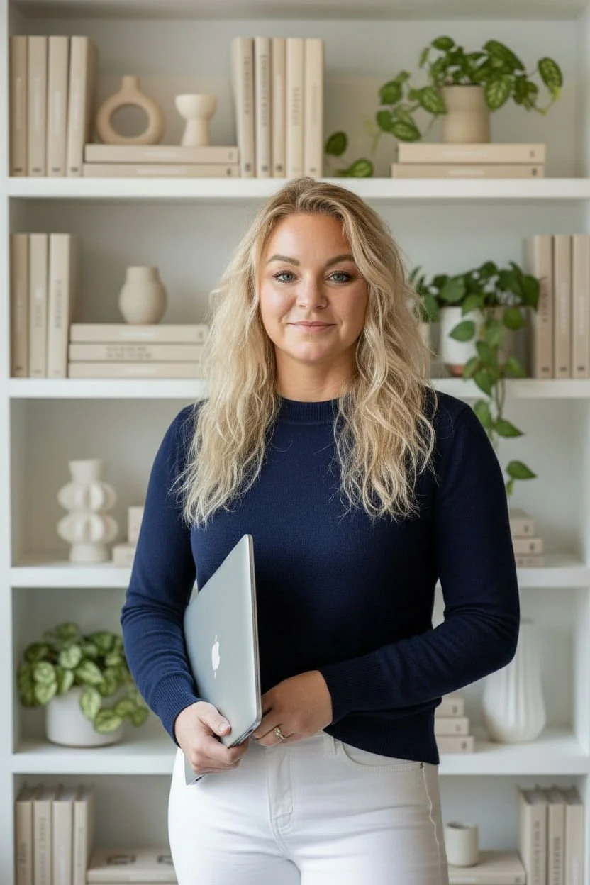 Cara with wavy blonde hair, wearing a navy blue sweater and white pants, stands in front of a white bookshelf filled with decorative vases, books, and green plants. She holds a closed silver MacBook in her right hand and smiles softly at the camera.