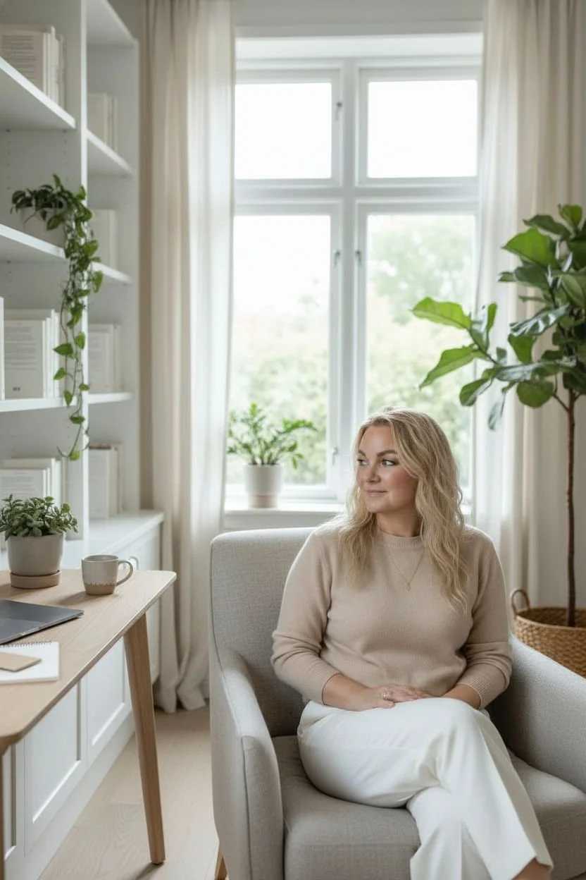Cara sitting on a light-colored armchair in a bright room with large windows, white curtains, and potted plants. The room has a bookshelf with books and a wooden desk with a laptop, coffee mug, and notebook.