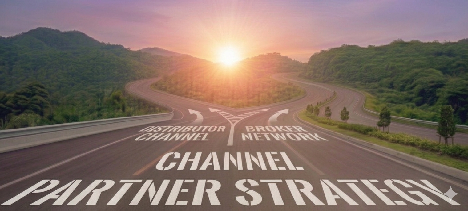 A road scene at sunset with multiple lanes splitting, labeled as distributor channel, broker network, partner strategy, and channel.