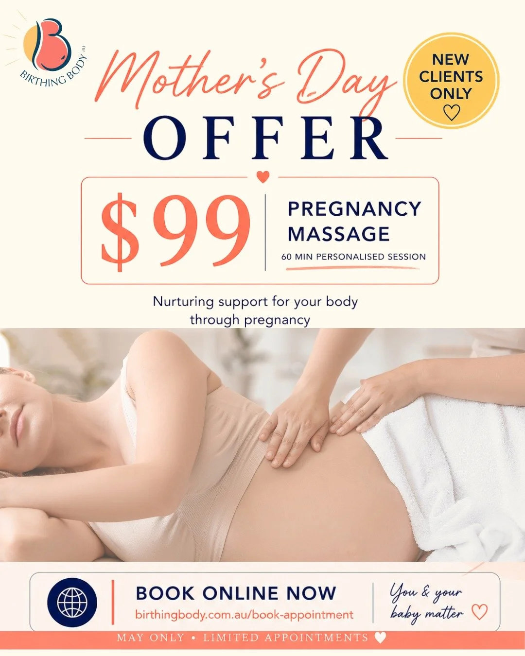 Mumma, this is for you 

Not just a massage - support for the body that&rsquo;s growing, carrying, and doing so much.

Book your $99 Mother&rsquo;s Day Pregnancy Massage -personalised care designed to ease aches, support your body, and help you feel 