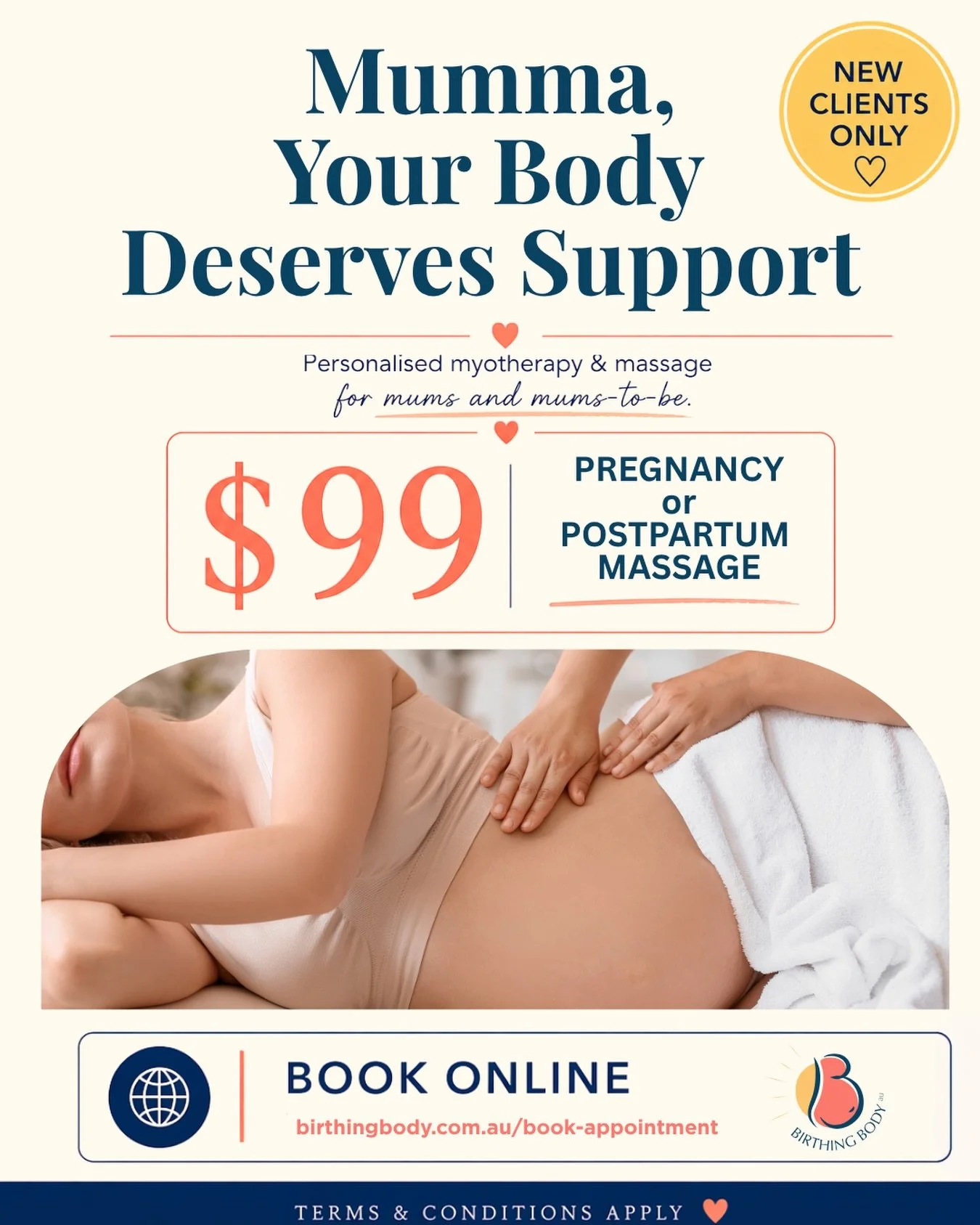 You asked, we listened 🤍

Due to popular demand, our $99 massage special has been extended until EOFY - and now includes postpartum massage.

Designed to support you through pregnancy and postpartum with personalised, hands-on care.

✨ Private healt
