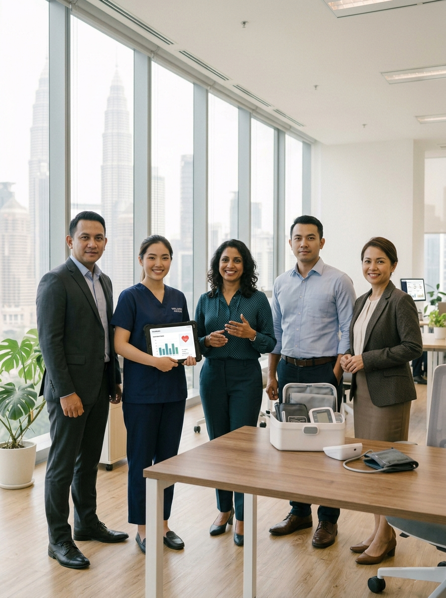 Group of five professionals standing in a modern офис with large windows and a city skyline in the background. They are smiling, some holding digital tablets and medical equipment, suggesting a healthcare or business environment.
