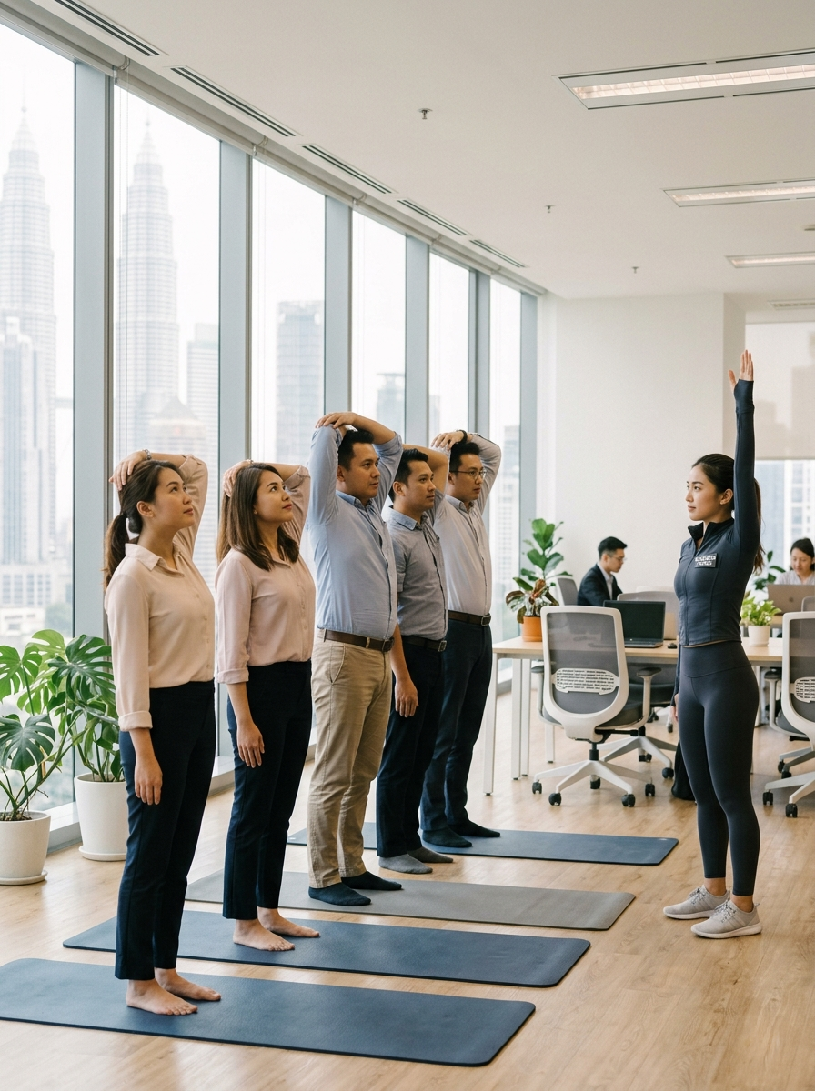 Five people standing on yoga mats in an office, participating in a stretching exercise with a female instructor, during yoga or wellness session.