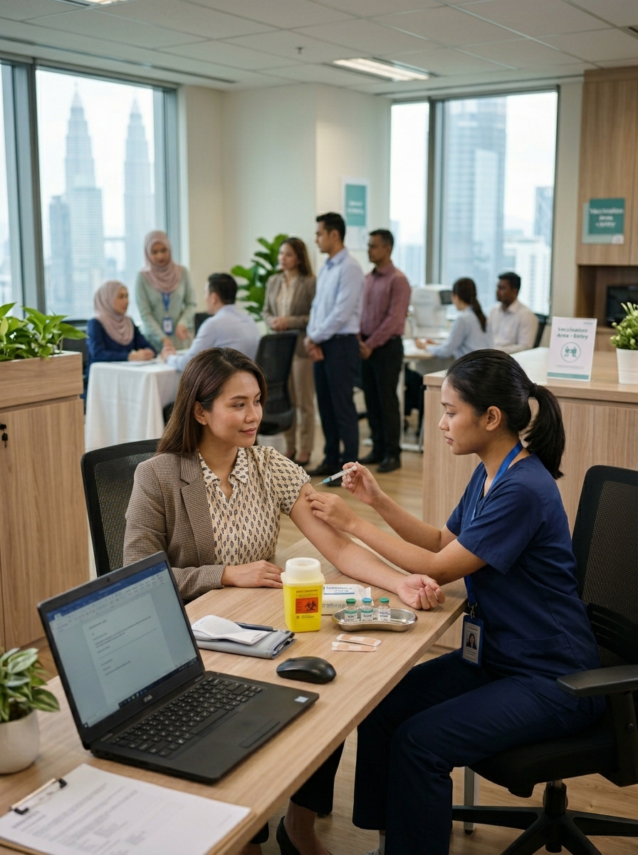 A woman receiving a vaccination from a nurse in a modern office setting with large windows showing city skyscrapers.