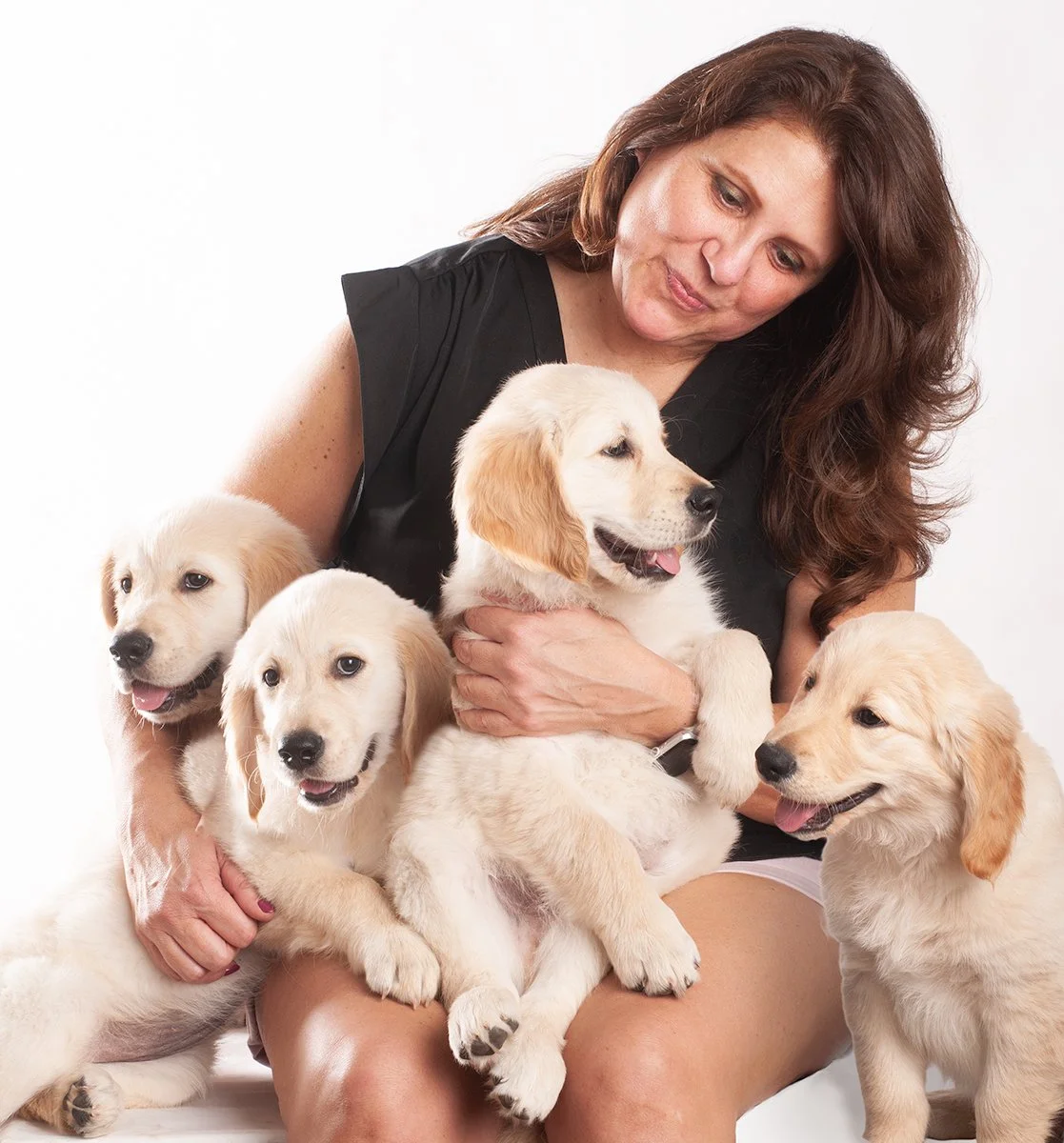 A woman holding and sitting with five adorable golden retriever puppies.