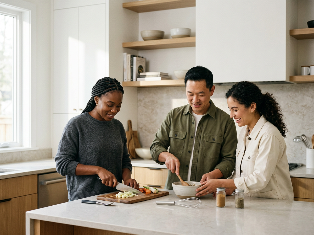 Three people cooking together in a modern kitchen. One woman is chopping vegetables, a man is stirring a bowl, and a woman is holding the bowl, all smiling.