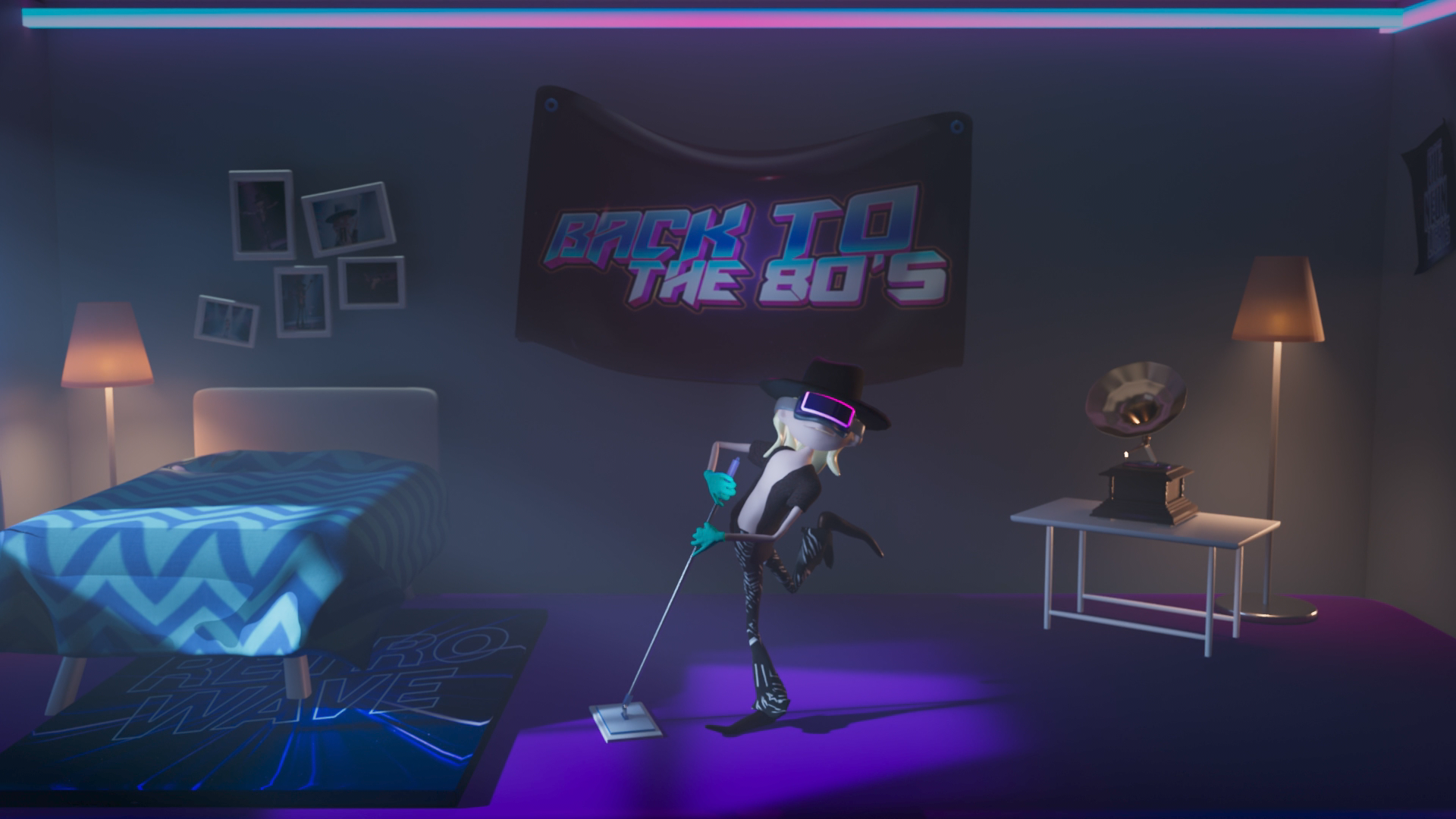 Animated character in virtual reality headset, standing on one leg, holding a microphone and a glowing glass, in a 1980s-themed bedroom with a sign reading 'Back to the 80s', bed with a geometric patterned blanket, framed photos on the wall, a lamp, 