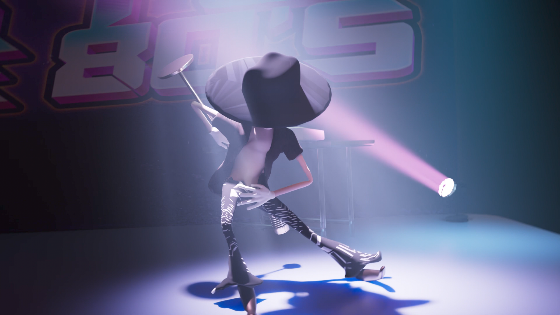 Animated character with elongated limbs and zebra-striped pants, wearing a large wide-brimmed hat, dancing on a stage with purple and pink lighting.
