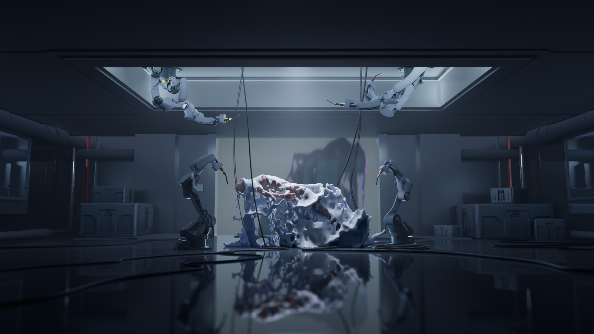 Robots in a laboratory surrounding a pulsating, organic-looking mass with a reflective surface.