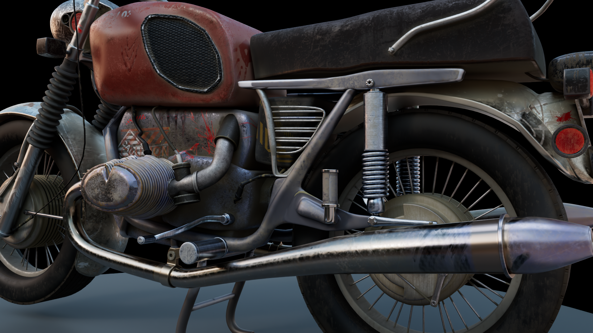 Close-up of a vintage motorcycle with a rusty red fuel tank, black seat, and chrome exhaust pipe, showing detailed mechanical components, shocks, and worn paint.