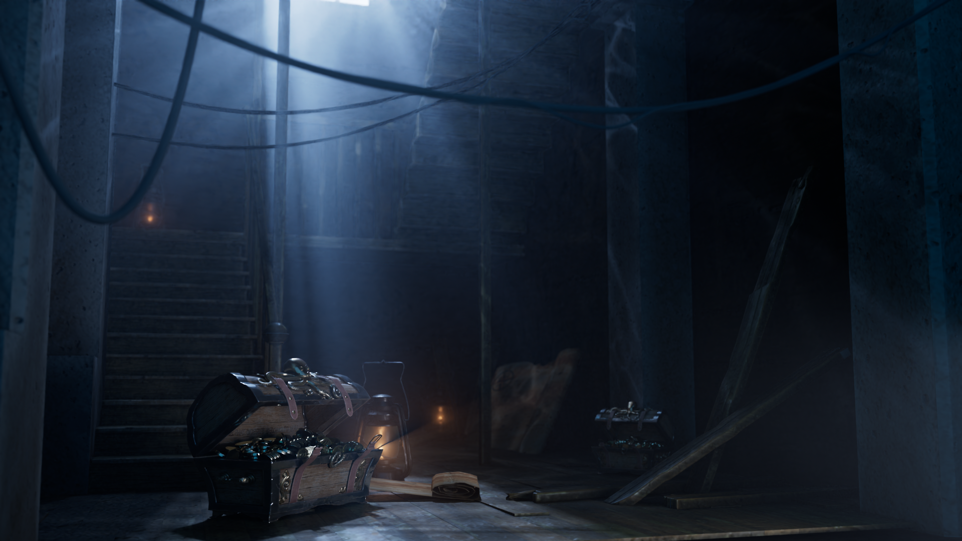 A dark, abandoned basement with a wooden staircase, some old chests, a lantern, and scattered objects illuminated by a faint beam of light.