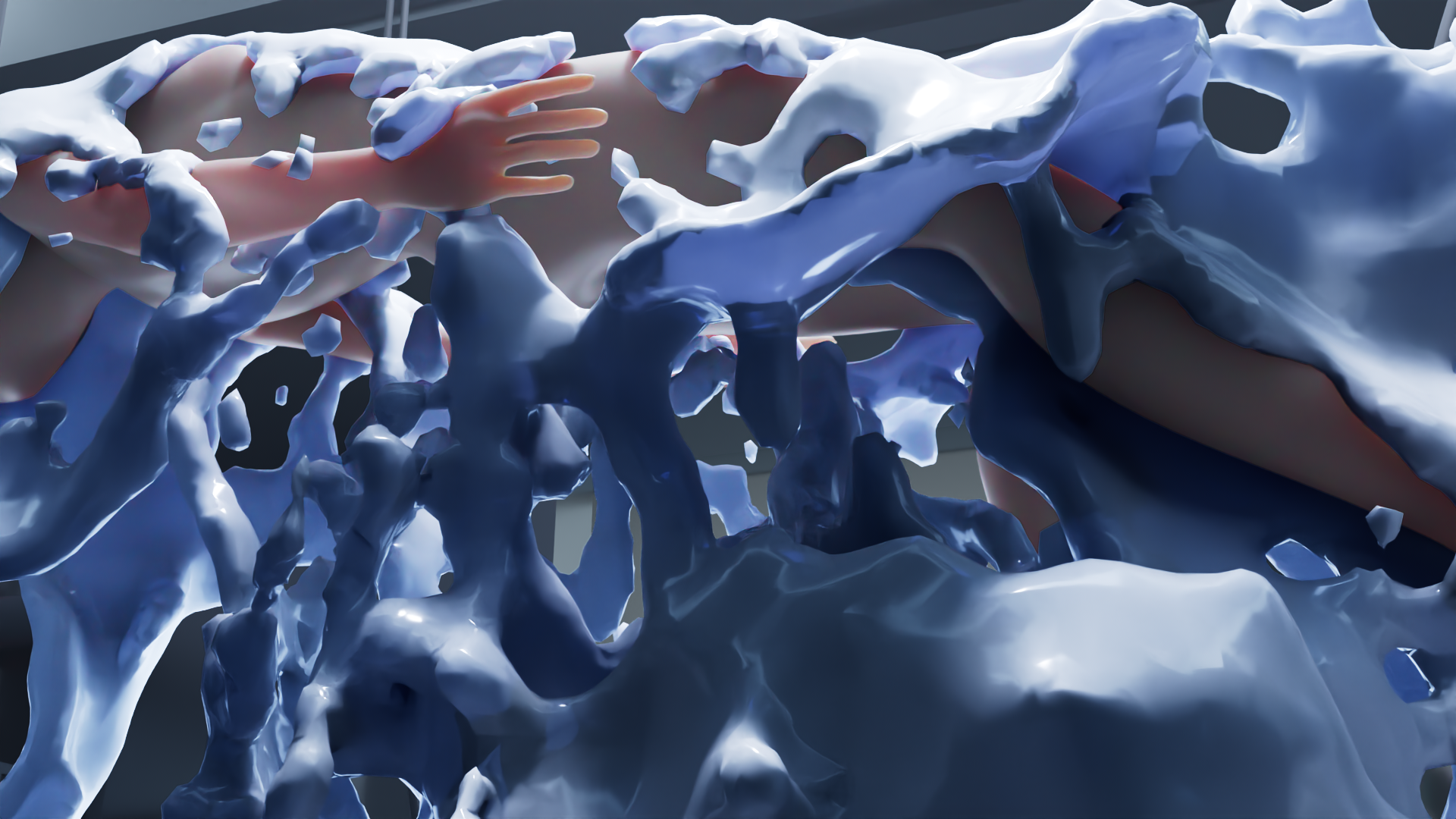 Close-up illustration of a human hand reaching through a web of abstract, interconnected blue and white structures, resembling neural or organic tissue.
