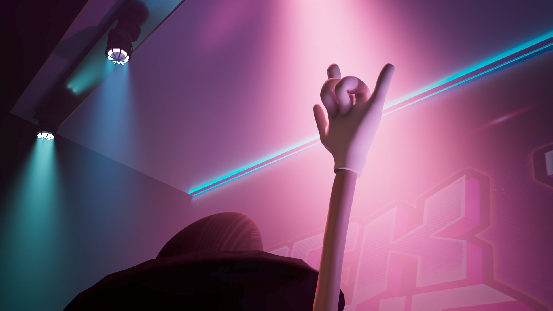 A hand with a glove making a rock and roll gesture against a pink wall with neon lighting