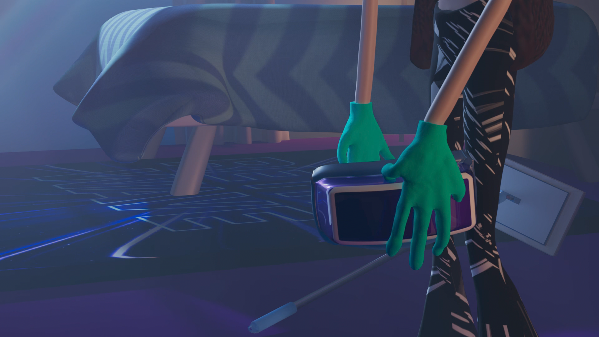 A person in green gloves tidying up a virtual or futuristic scene, with a virtual reality headset on the ground and a bed with wooden legs in the background.