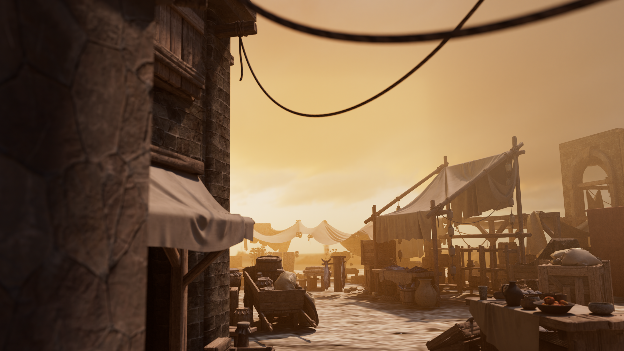 A historical marketplace scene with tents and wooden stalls under a warm, orange sky, featuring street lamps and scattered objects.