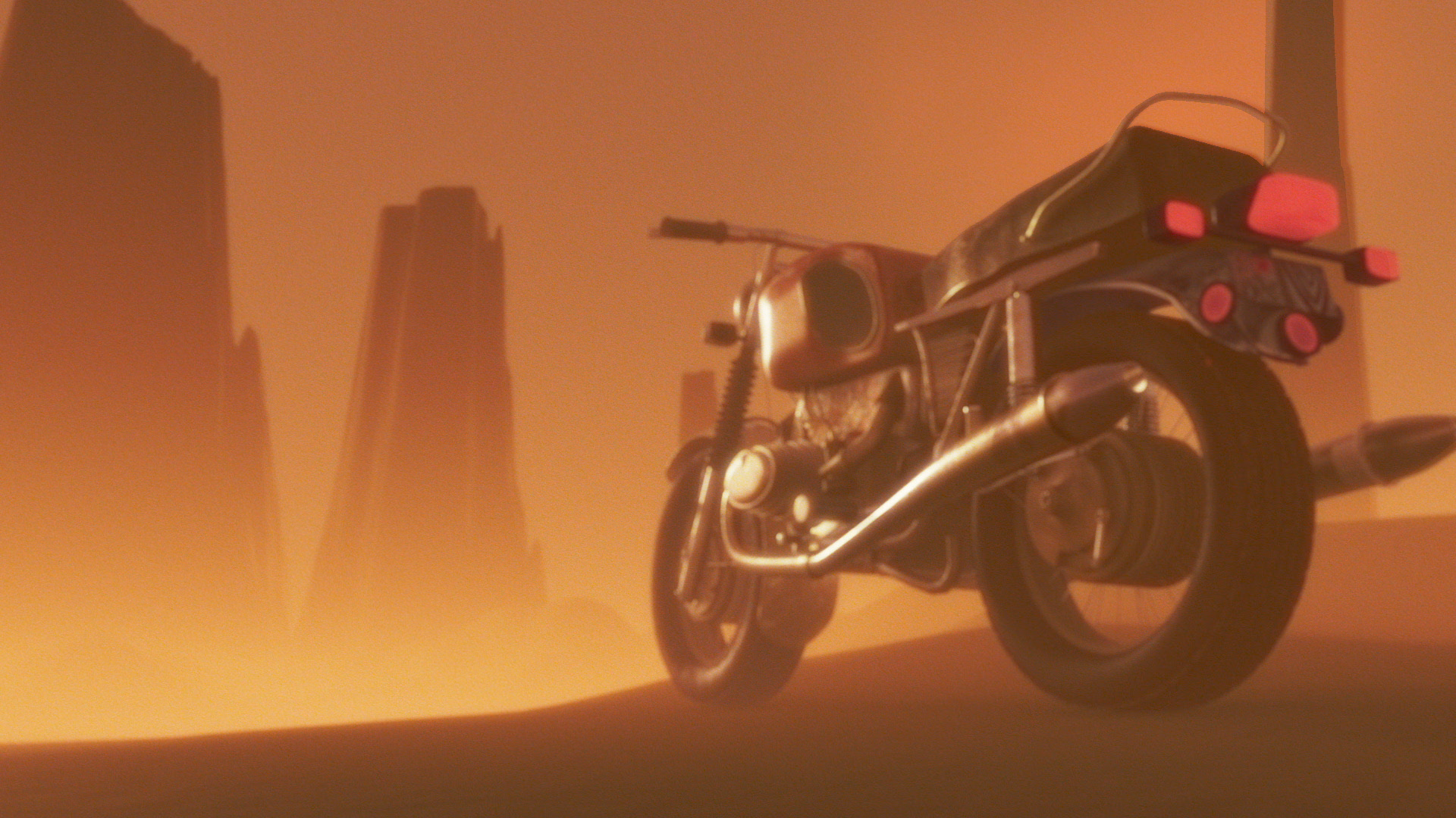 A motorcycle sitting in a foggy environment with silhouettes of tall buildings in the background, illuminated by an orange glow.