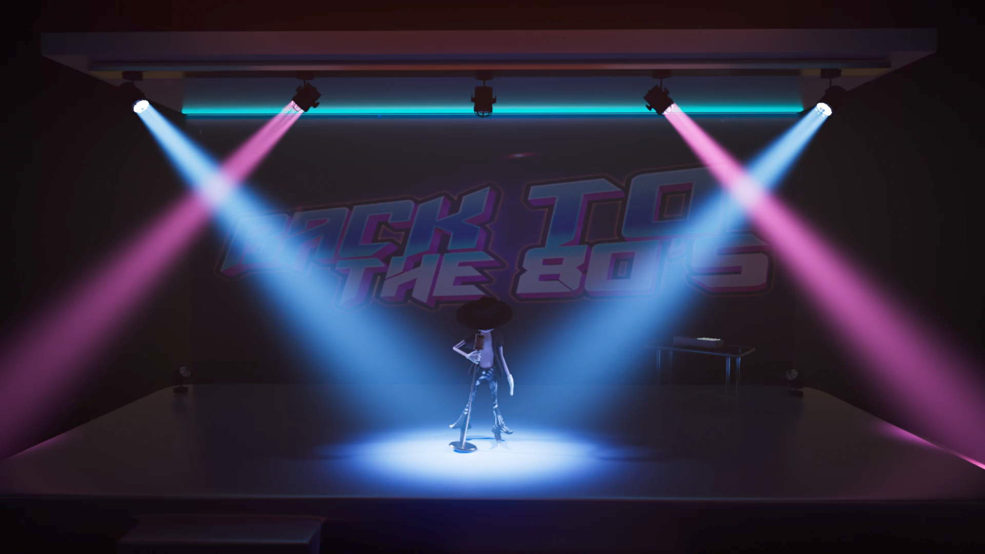 A stage with colorful spotlights shining on a standing character, with a backdrop reading 'Back to the 80s' in large, stylized text.
