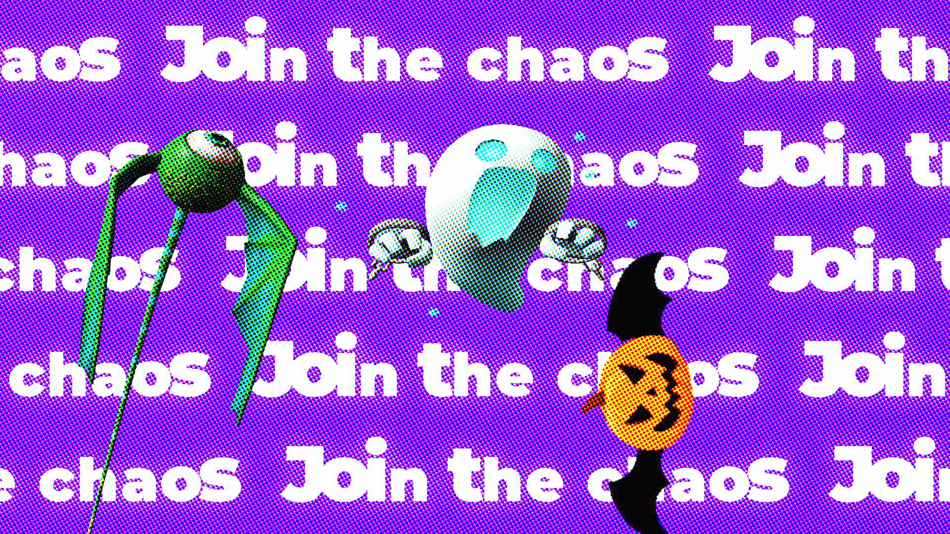A pixel art-style illustration featuring a green, alien-like character with long legs, a large floating metallic capsule, a small yellow character with a black tip, and a background with white text that reads "chaos Join the chaos" on a purple dotted