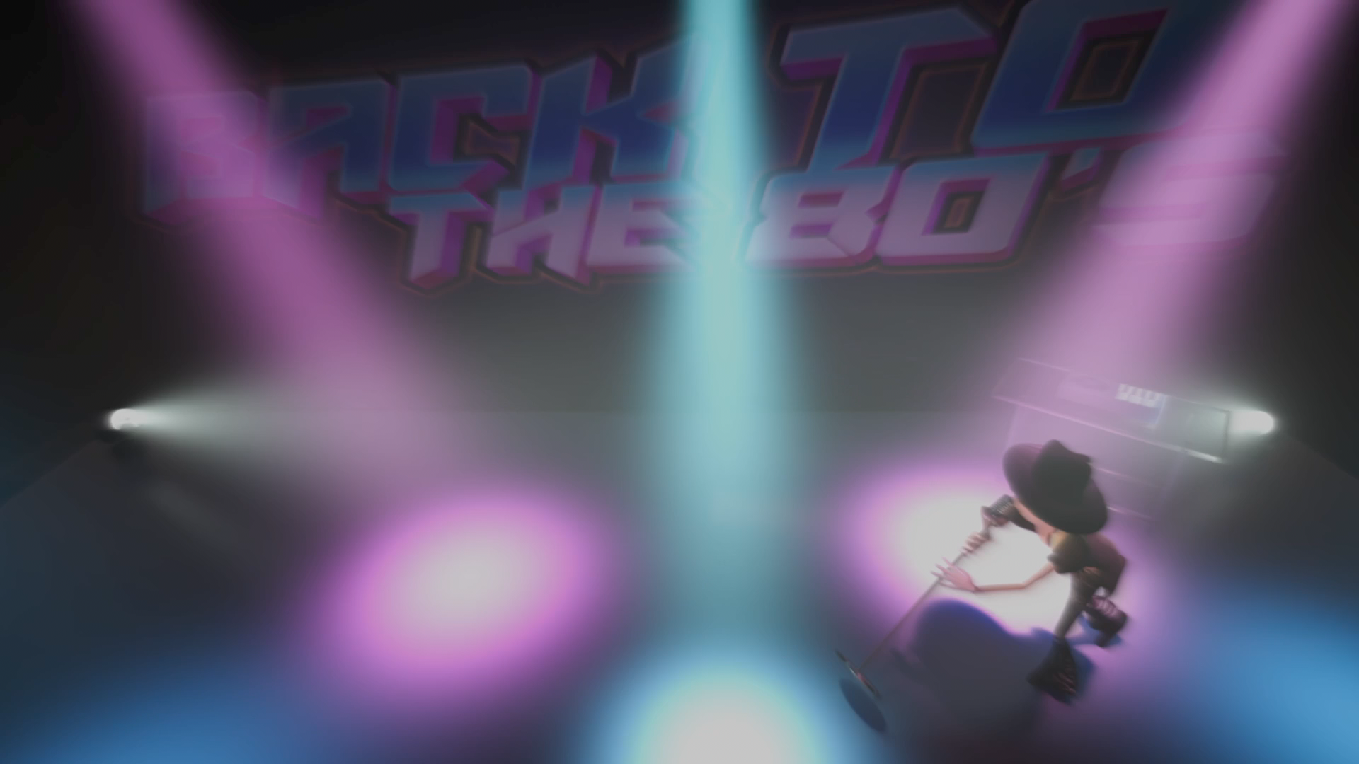 A stage with colorful lighting and a large sign that reads 'TECHTO THE BO'. A woman in a black hat and black clothing is sweeping the floor with a broom, illuminated by purple and blue lights.