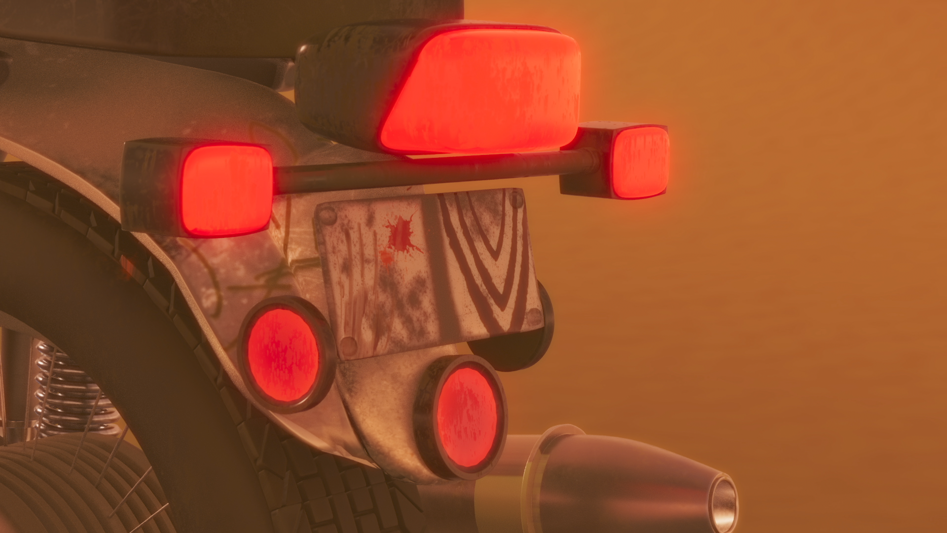 Close-up of the rear end of a motorcycle with illuminated red taillights, a rusty license plate, and a silver exhaust pipe against an orange background.