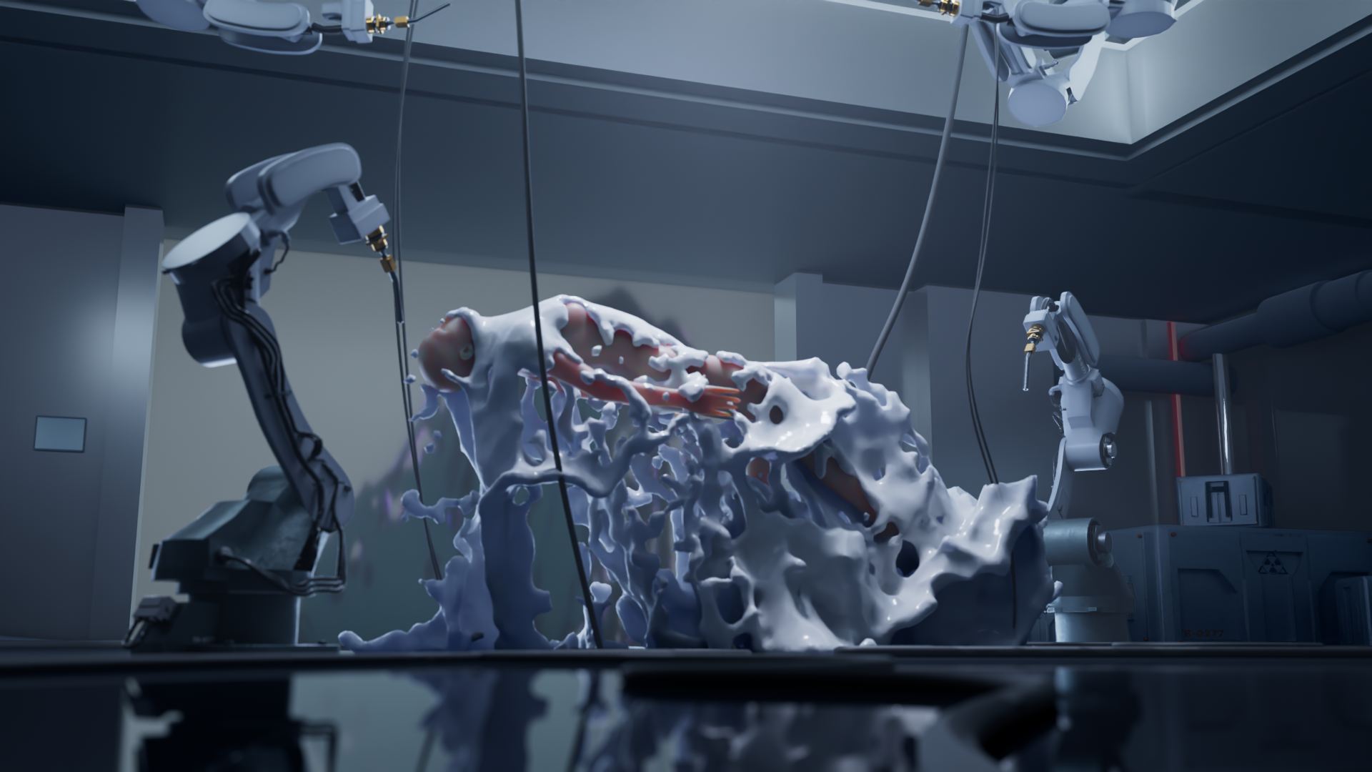 Two robotic arms in a laboratory setting operate on a biological specimen covered in a white foamy substance.
