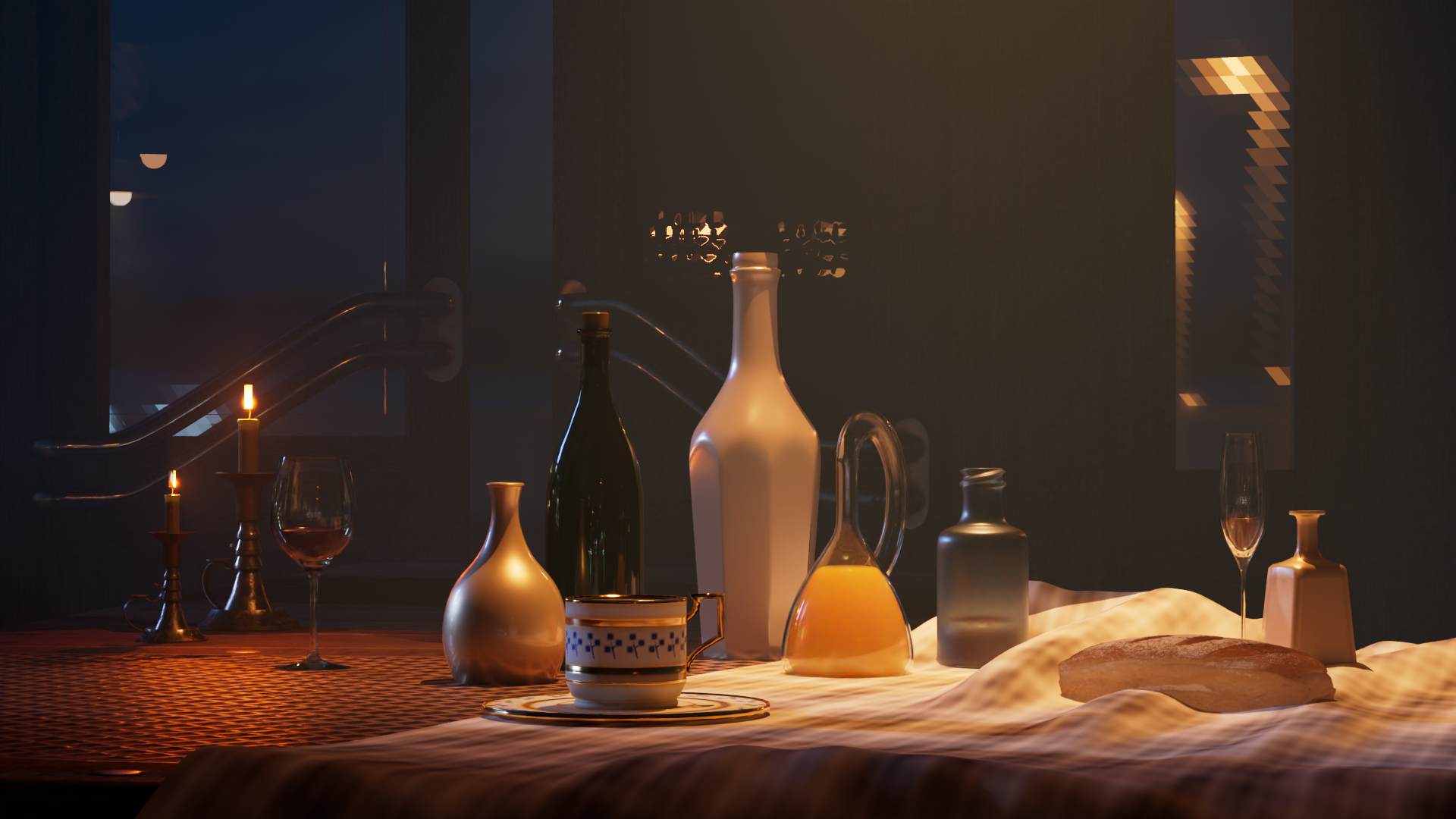 A dimly lit table set with various bottles, a glass of wine, a cup, a loaf of bread, and a lit candle, with a staircase and reflective surfaces in the background