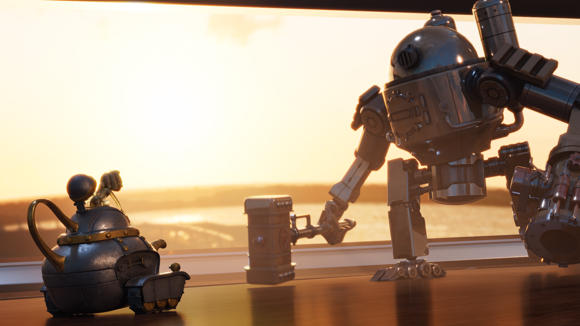 A small robot with a round body, antenna, and little wheels on a wooden surface, reaching out a hand to a larger, complex robot with a spherical body, multiple limbs, and mechanical joints, with a sunset view through a window in the background.