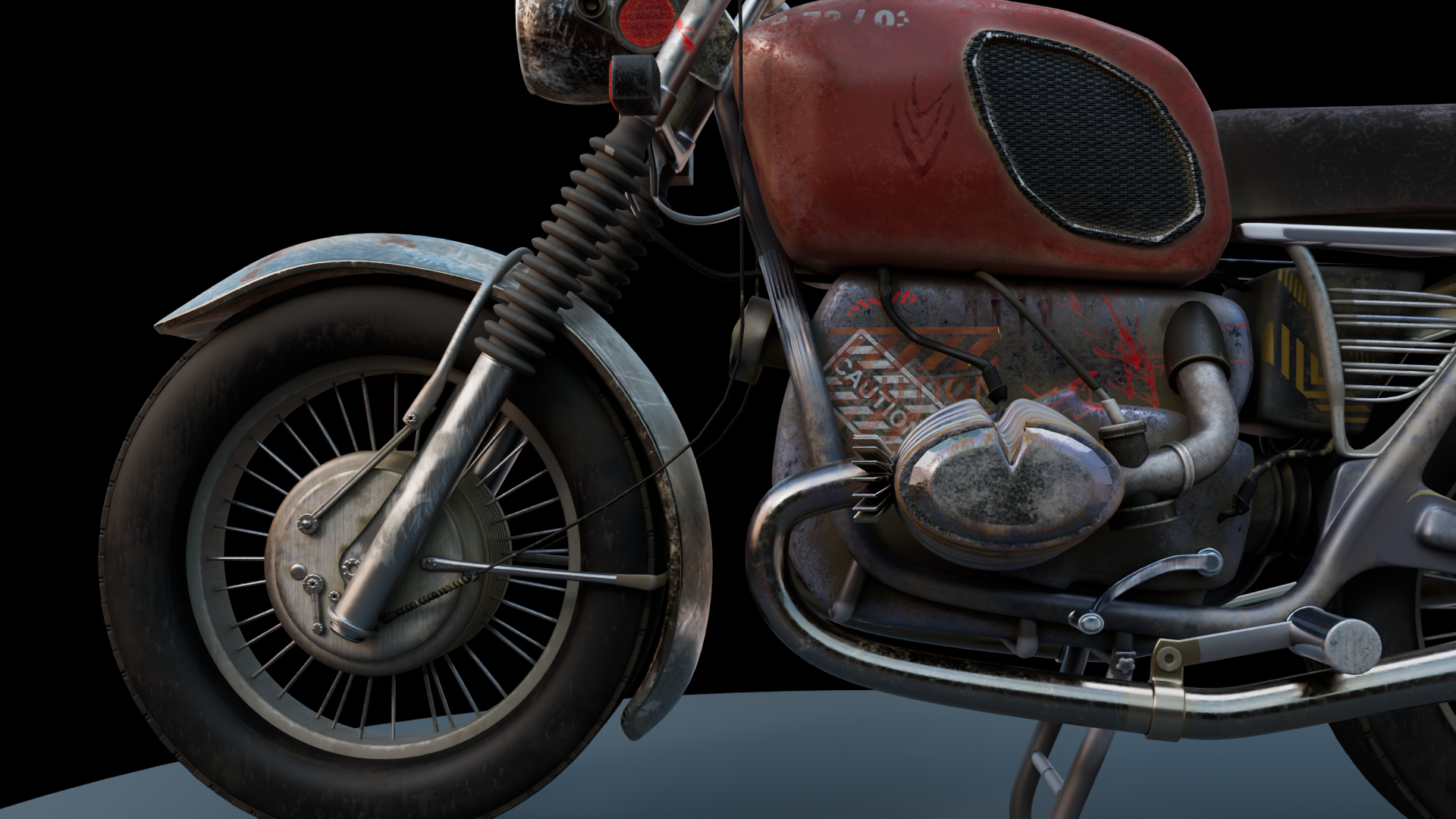 Close-up of a vintage motorcycle with rust and dirt on its red and silver body, front wheel, and engine against a black background.