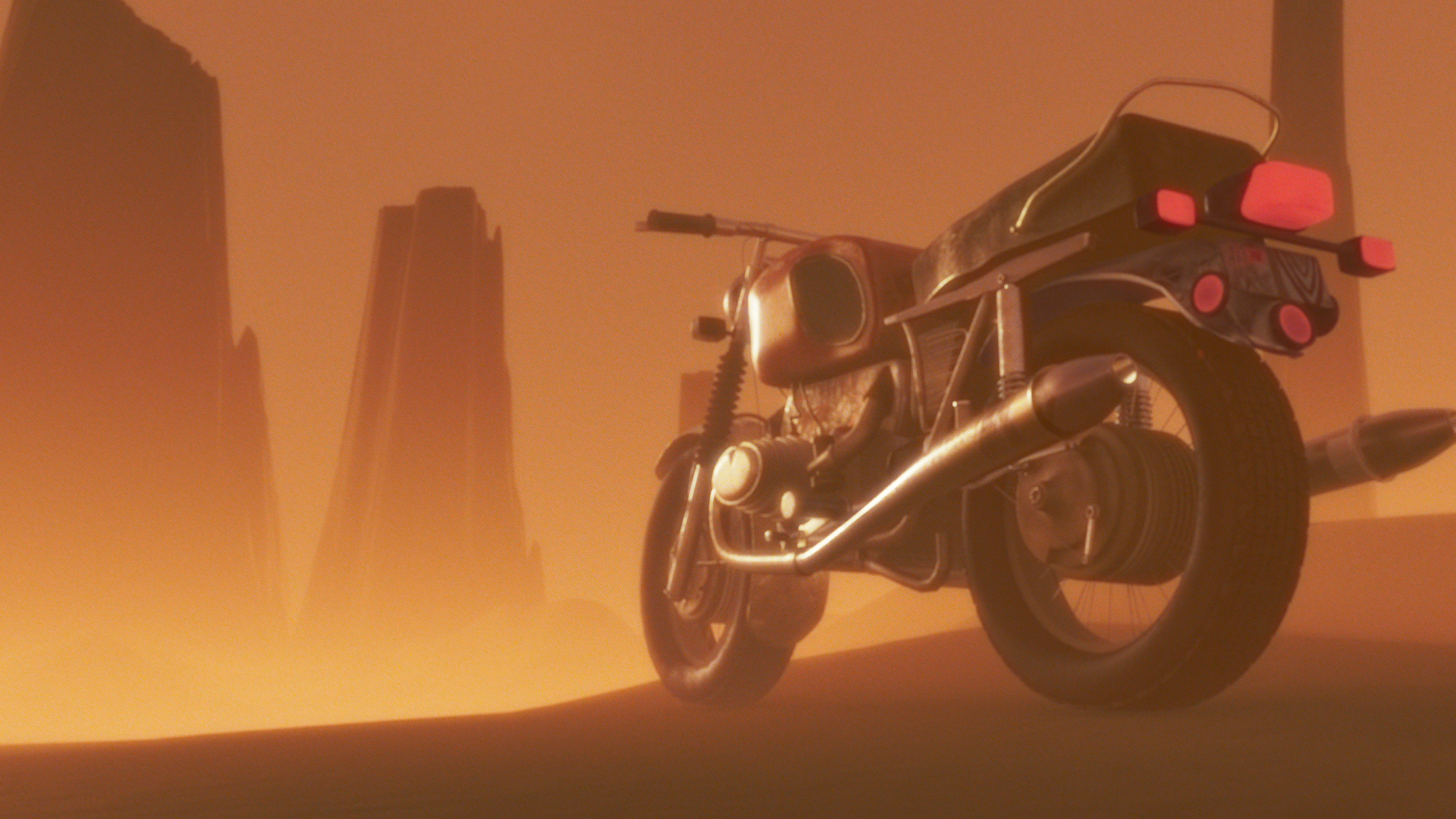 A motorcycle on a hilltop with a foggy landscape and tall rock formations in the background, bathed in warm, orange sunset light.