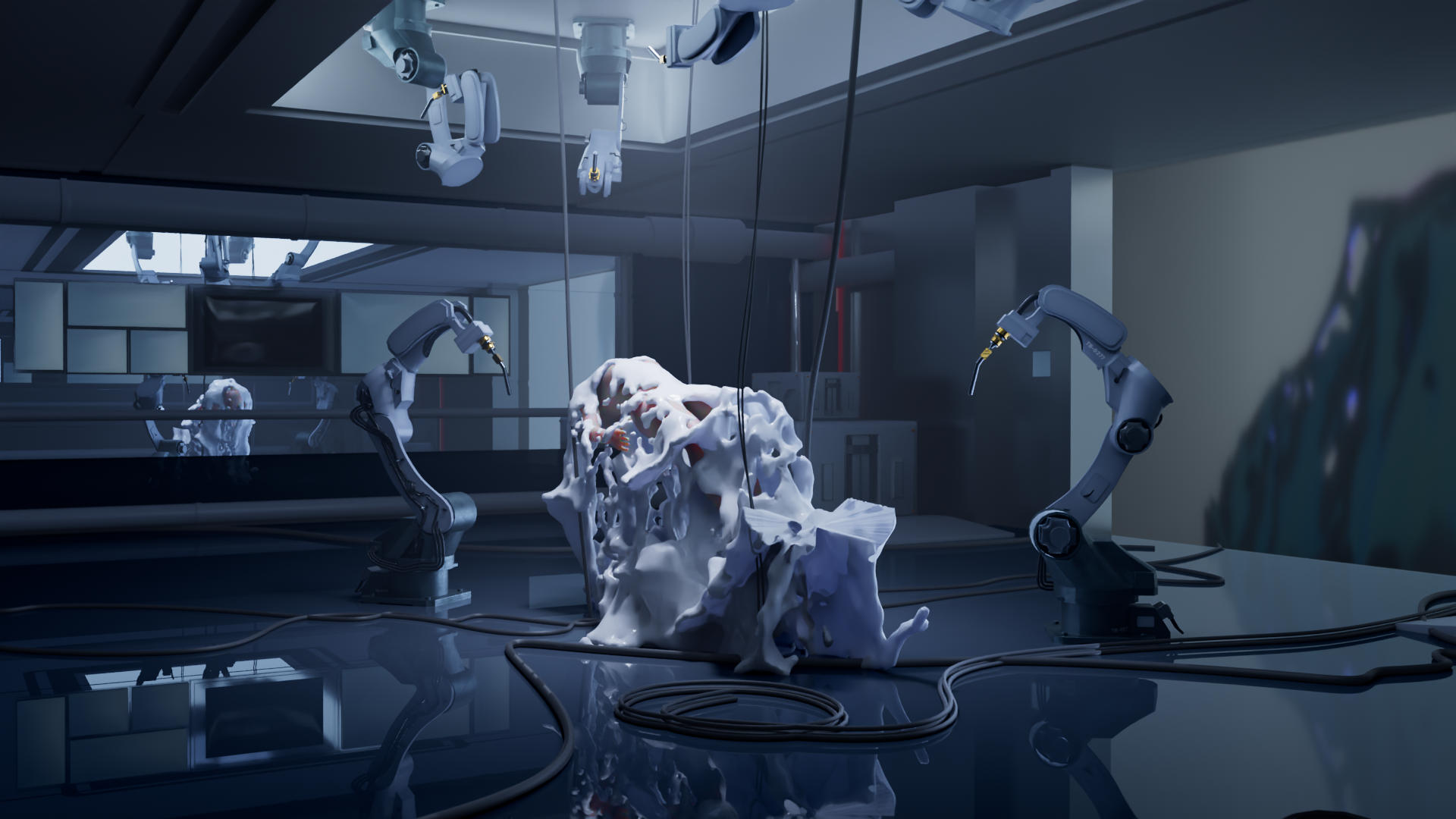 Robotic arms working on a melted, abstract sculpture in a futuristic laboratory or operating room with monitors and machinery.