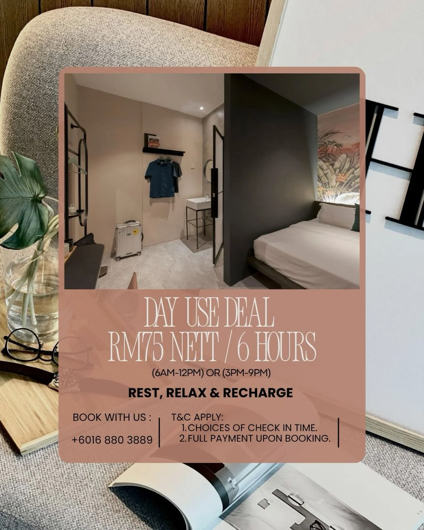 REST &bull; RELAX &bull; RECHARGE

Whether you need to rest, freshen up, or recharge during the day &mdash; we&rsquo;ve got you covered.

Enjoy our Day Use Deal for only RM75 nett for 6 hours!

Choose your preferred check-in session:
6:00AM &ndash; 1