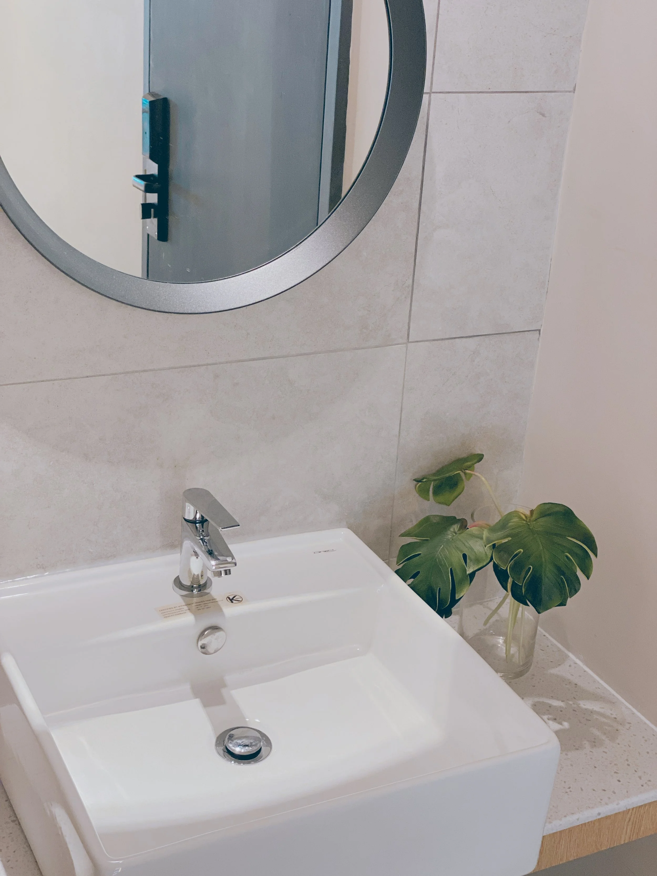 A bathroom sink with a silver faucet, a round mirror above it, and a vase with green monstera leaves on a countertop.