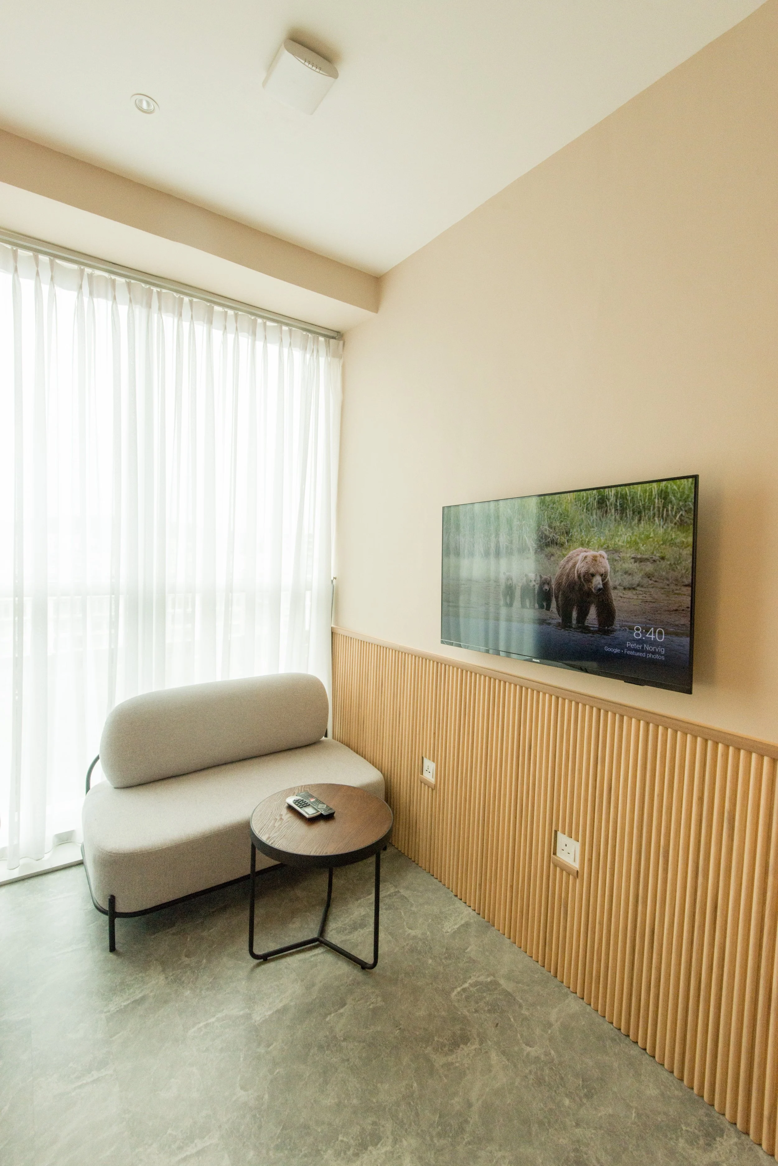 Modern hotel room with a beige sofa, a small round wooden table with a TV remote, a wall-mounted flat-screen TV showing a bear in a natural setting, near large white curtains, with a wooden panel accent wall.