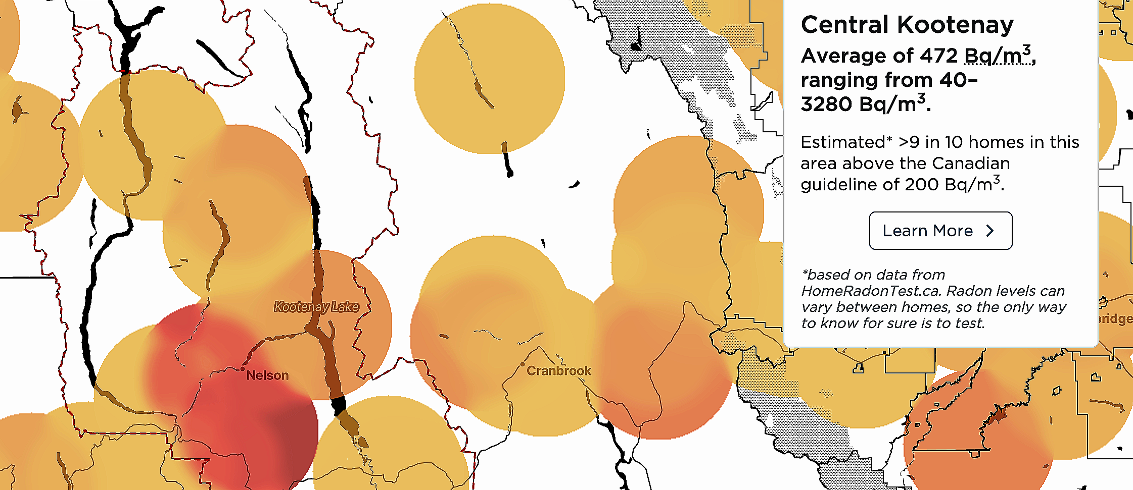 Map showing radon levels in various regions, with circles indicating average Bq/m³ values, specifically highlighting Central Kootenay.
