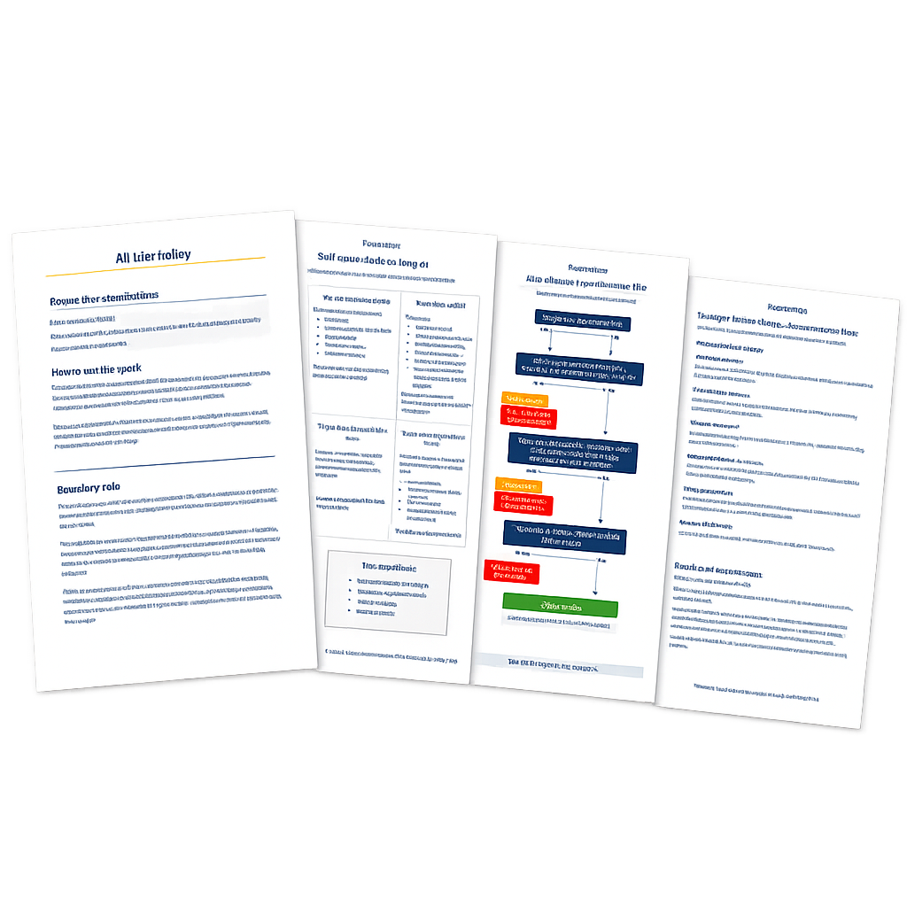 Multiple pages of a document with text, boxes, and flowchart. Sample product snapshots.