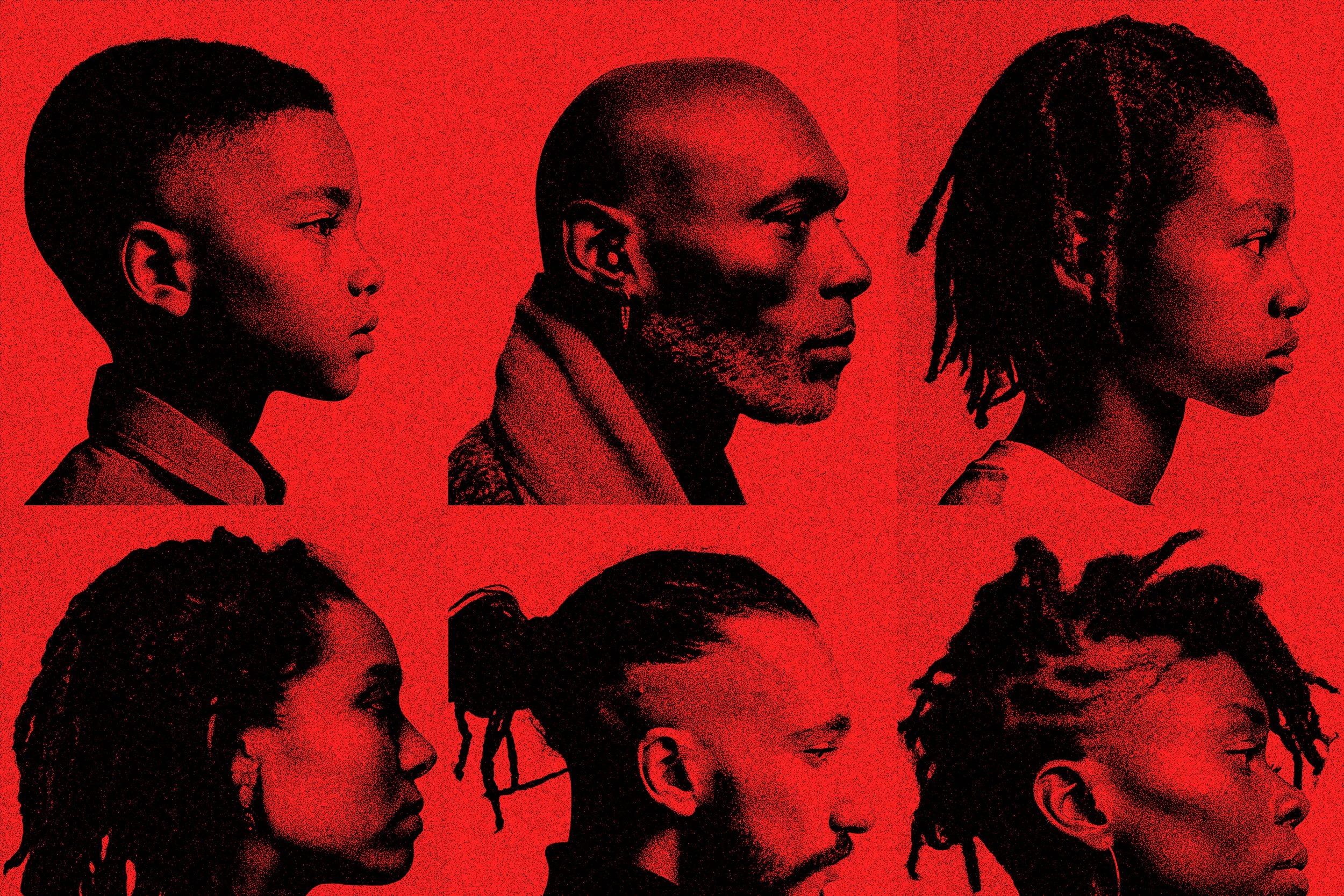 A grid of six black and white portraits of African-American individuals, each in profile, set against a red background. The individuals have diverse hairstyles, including short hair, shaved head, and dreadlocks.