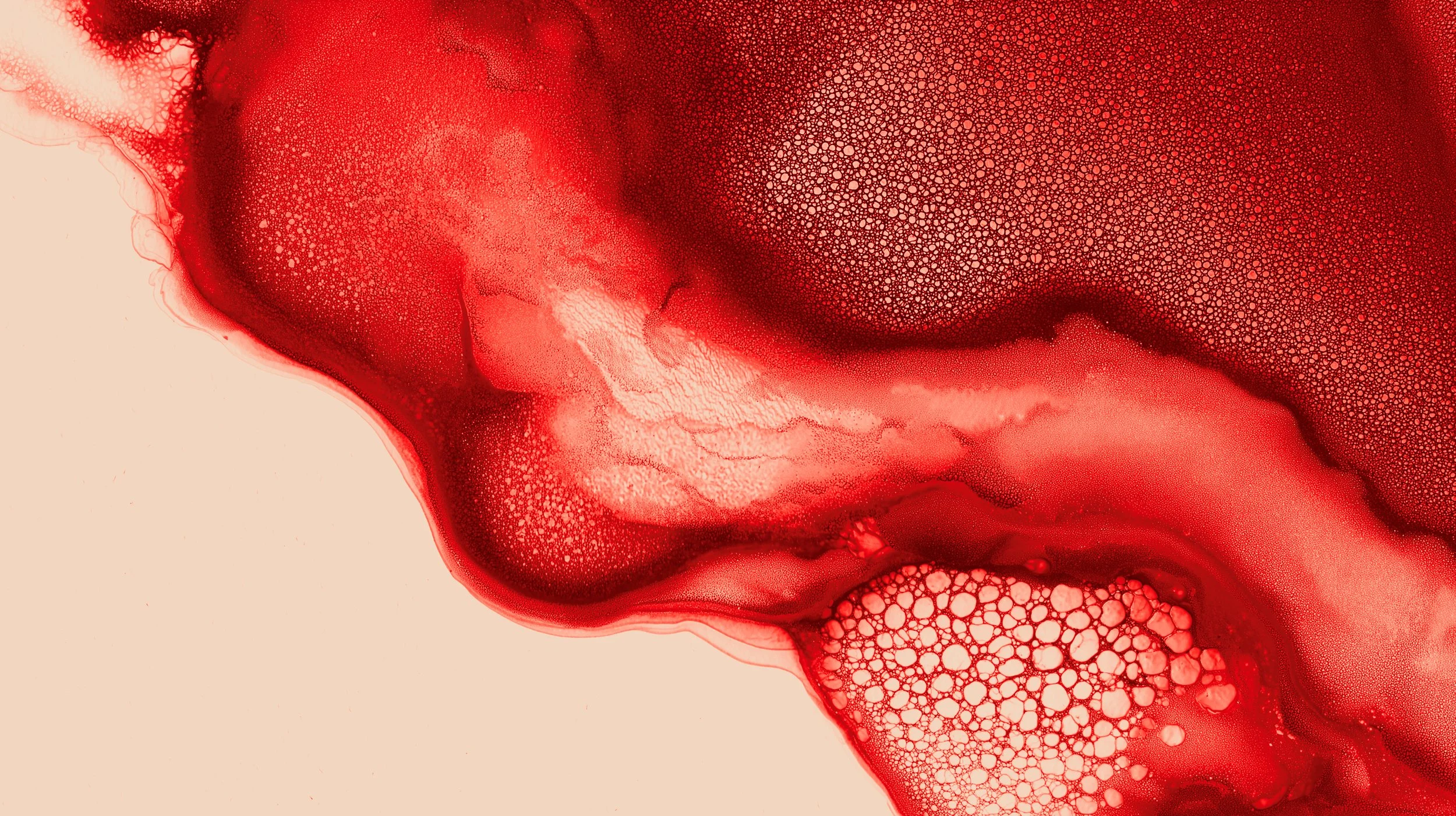 Abstract red and beige fluid art with bubbles and swirling textures.