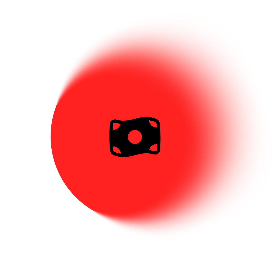 A red circular button with a black gear icon in the center.