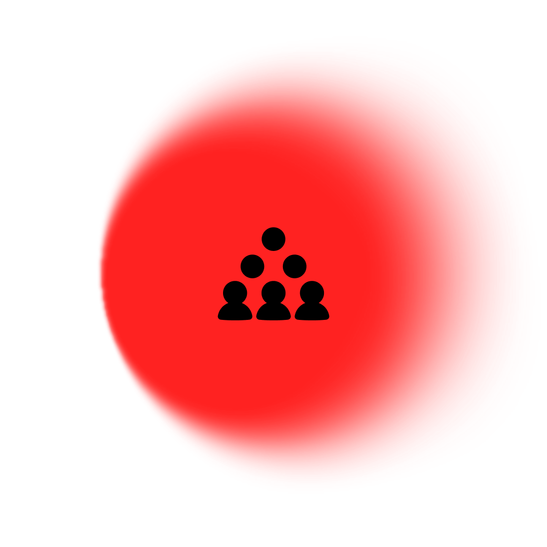 Red circular button with a black icon of a group of people in the center.