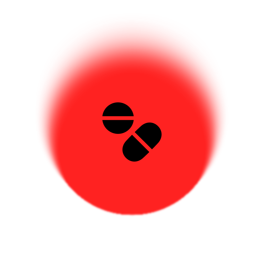 A digital icon of a red circle with black pill-like and tablet-like shapes inside, representing medication or pills.