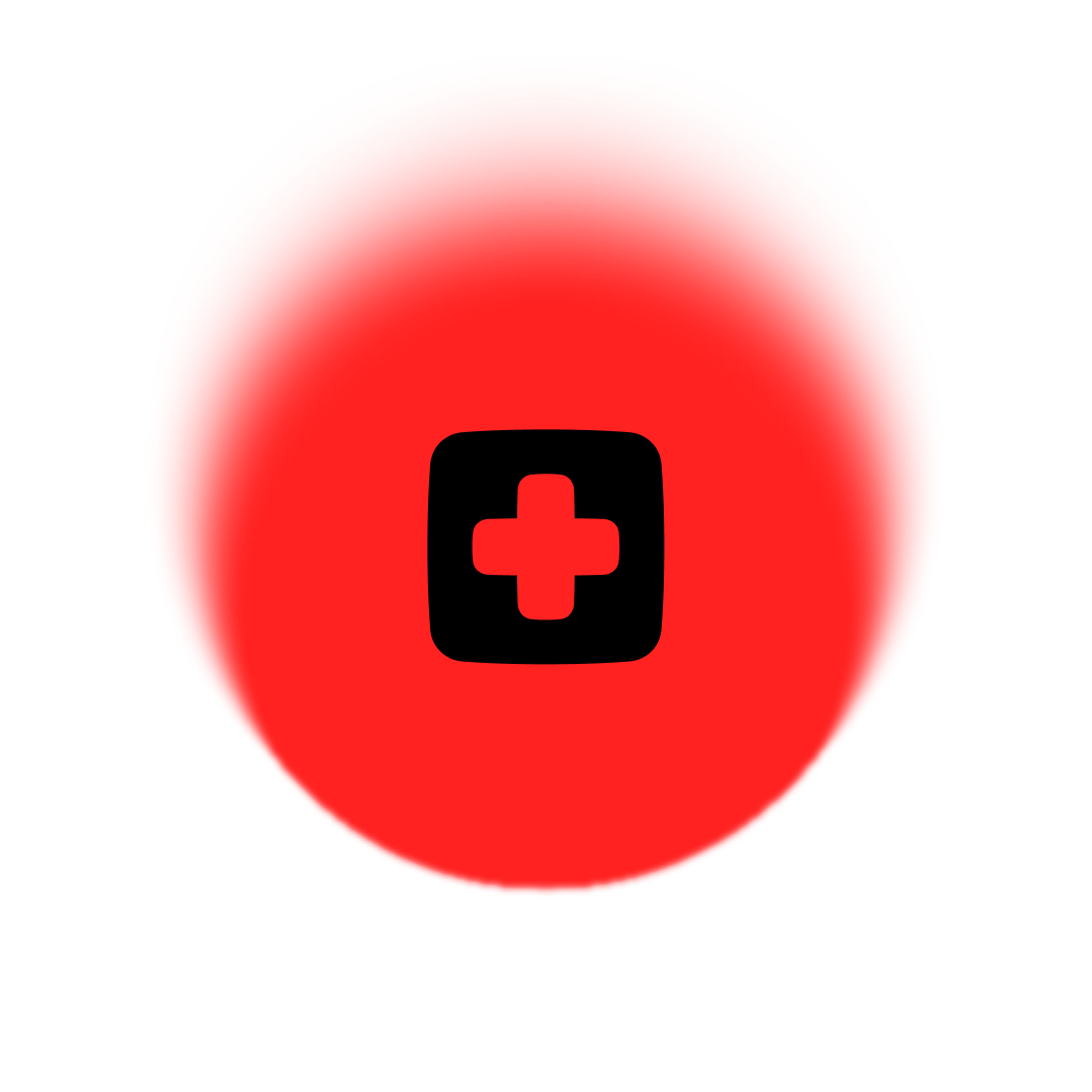Red circular medical emergency or healthcare icon with a black square outline containing a white cross in the center.