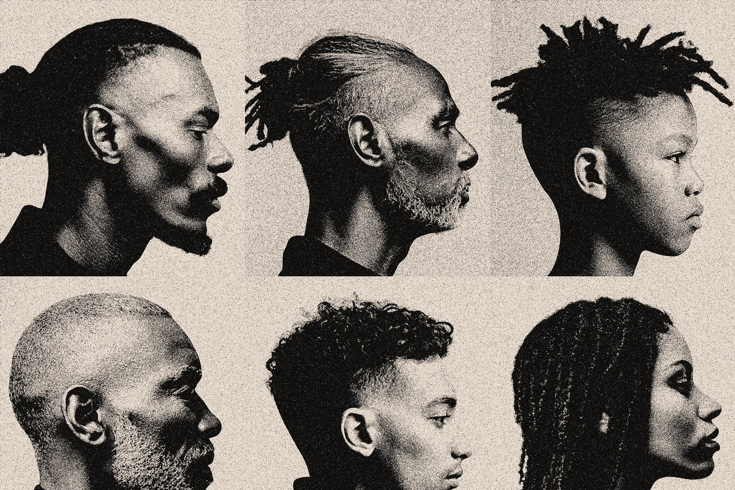 Grid of six black-and-white side profile portraits of people of various ages and hairstyles, arranged in two rows.