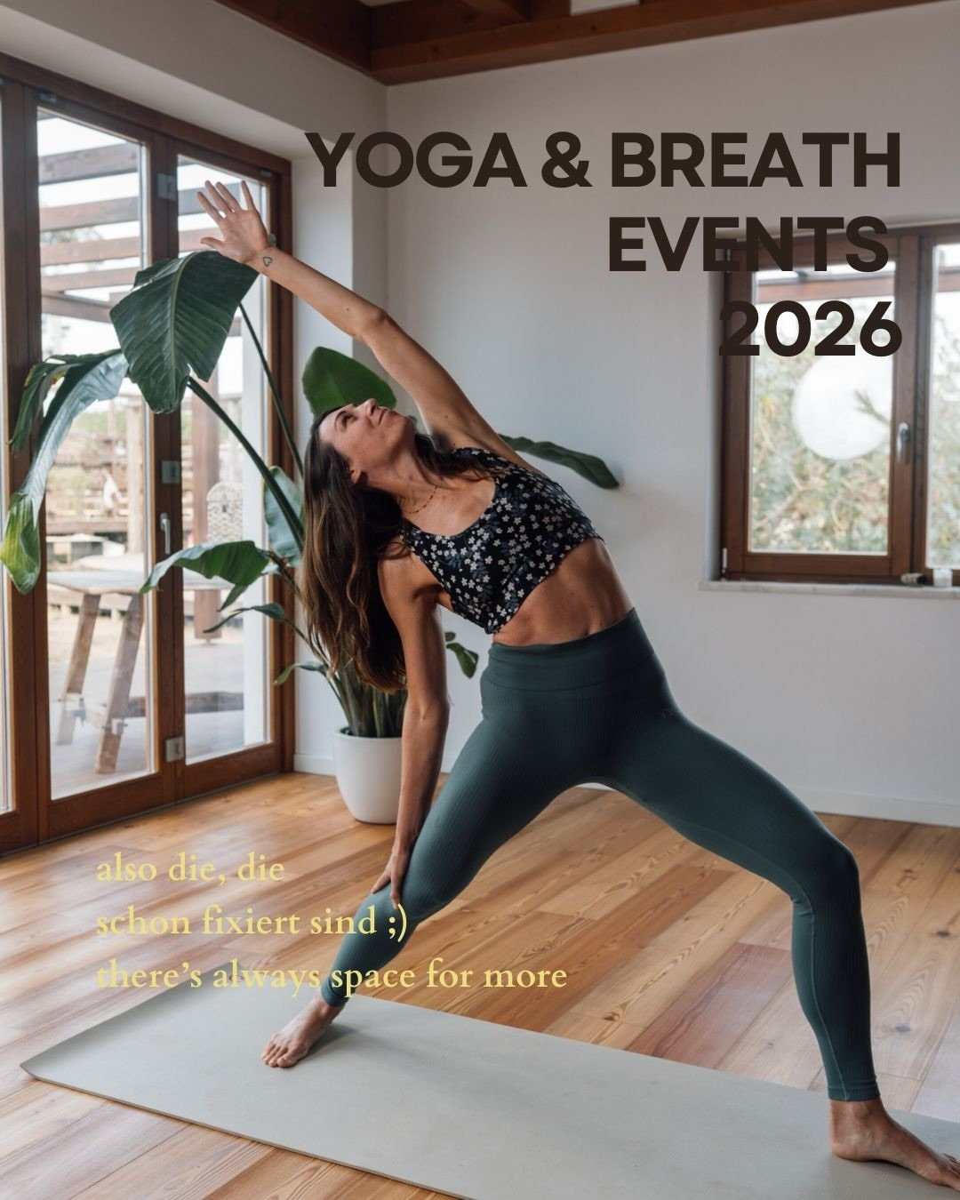 Finally - alle wundervolle R&auml;ume die es 2026 gibt um mit mir Yoga &amp; Breathwork zu praktizieren. Zeit f&uuml;r dich zum eini&rsquo;gspian, auf&rsquo;tanken &amp; durch&rsquo;schnaufen. Egal ob live im Studio, als Retreat oder gem&uuml;tlich v
