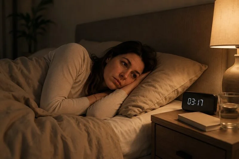 Frau liegt nachts wach im Bett und kann wegen kreisender Gedanken nicht einschlafen