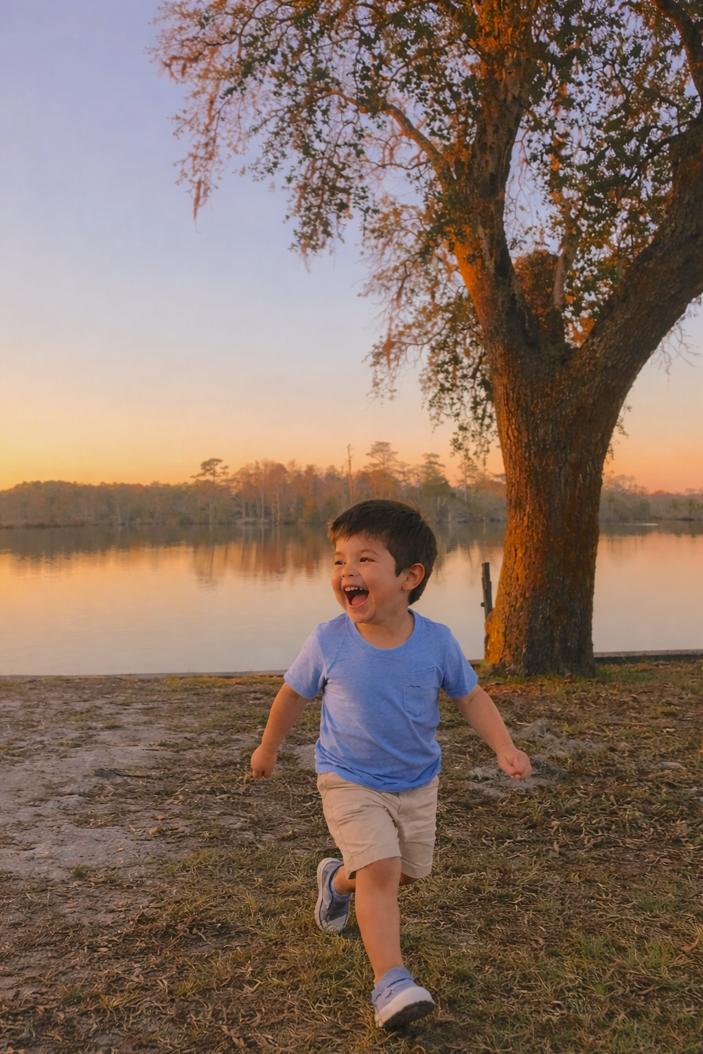 A young boy in a blue shirt and khaki shorts is running joyfully along a lakeside at sunset, with a large tree and calm water in the background.