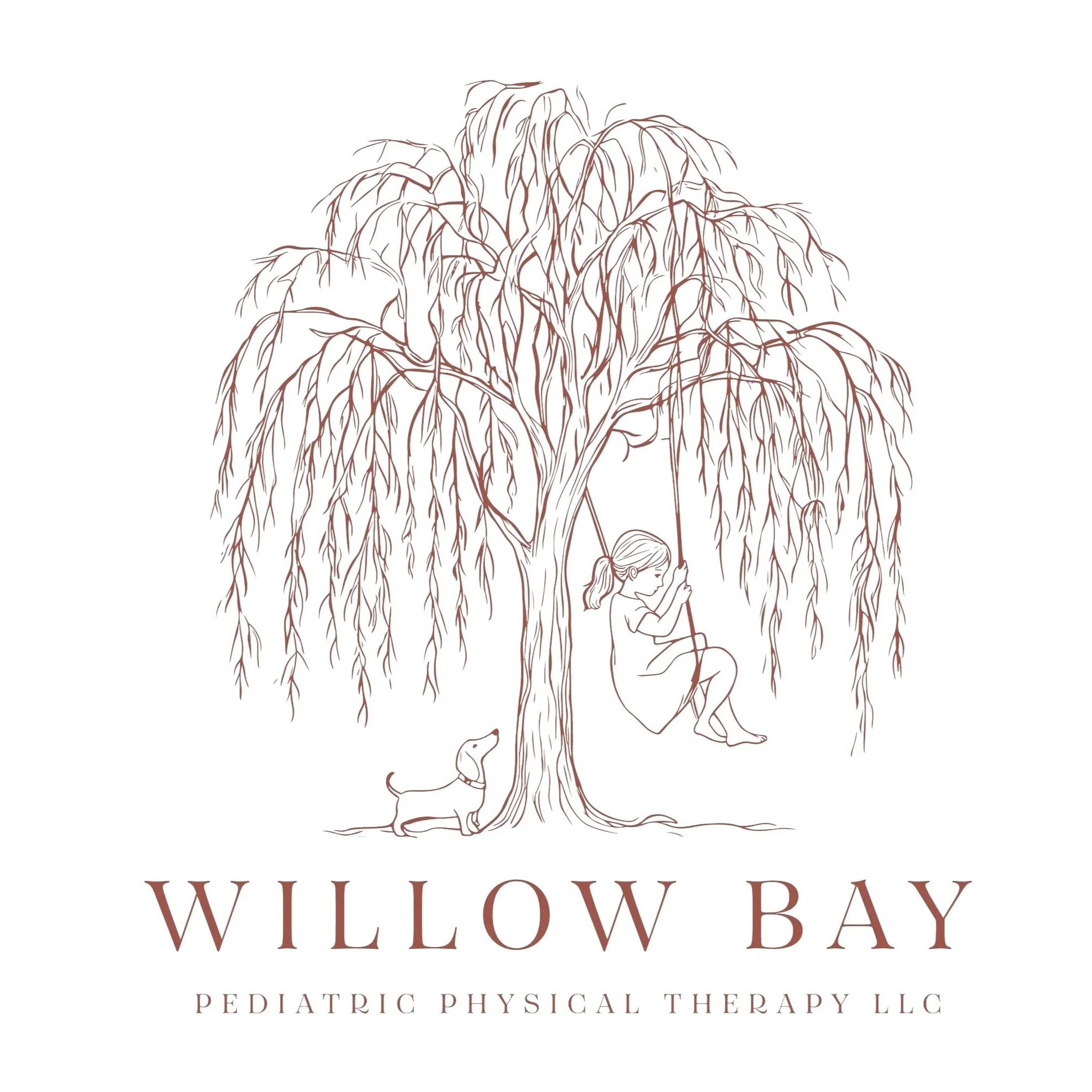 Line drawing of a girl on a swing hanging from a large weeping willow tree with a dog standing nearby, and text below that says 'Willow Bay Pediatric Physical Therapy LLC'.