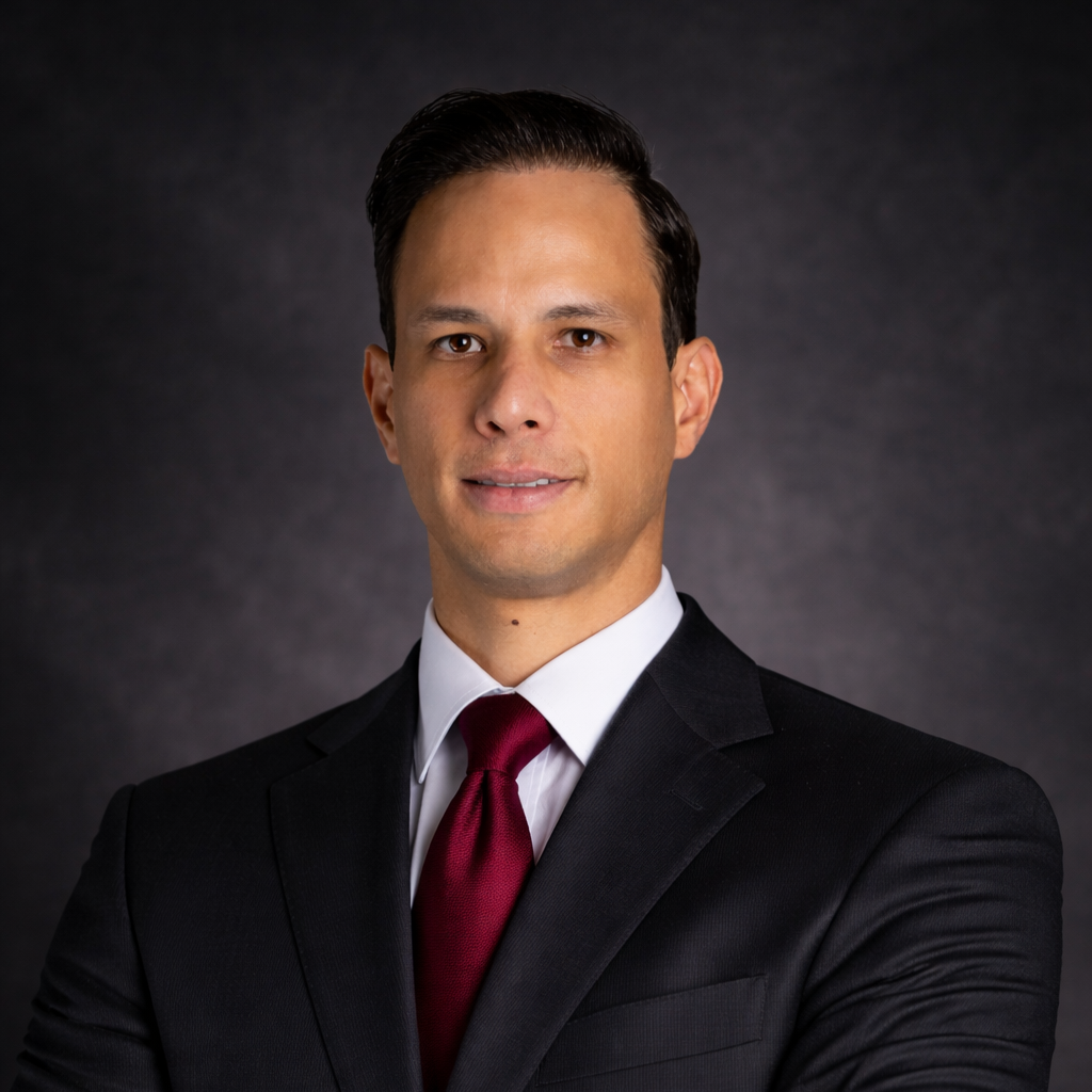 Professional portrait of a man in a black suit, white shirt, and red tie, posing against a dark background.