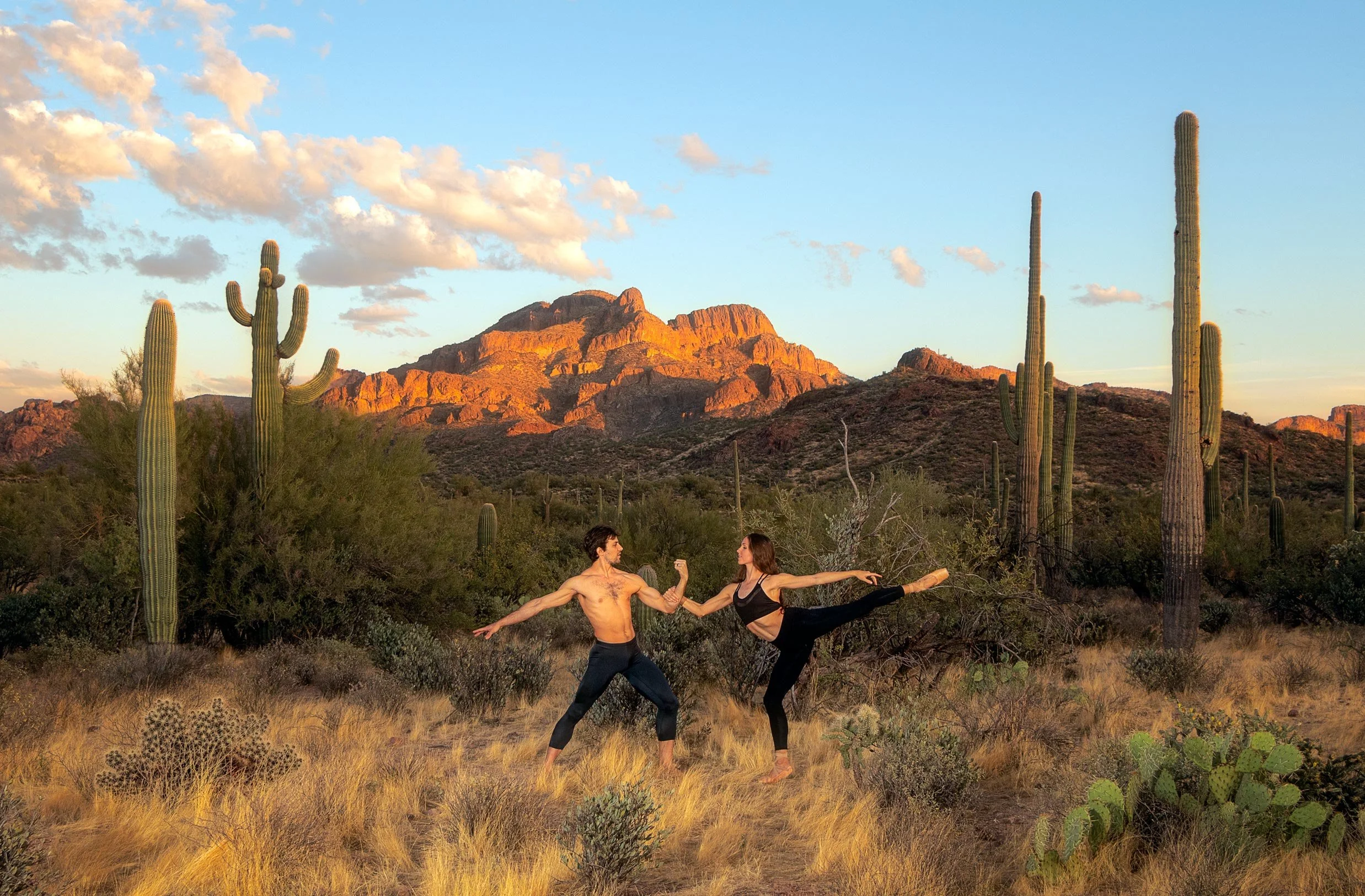 Two people practicing ballet outdoors in a desert landscape with tall cacti and mountains in the background at sunset.