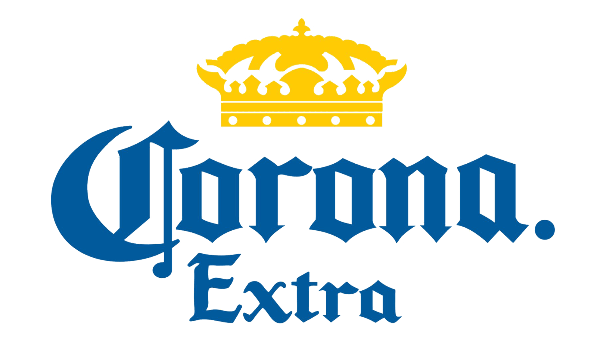 Corona Extra logo with a gold crown above the blue text 'Corona Extra' on a black background.